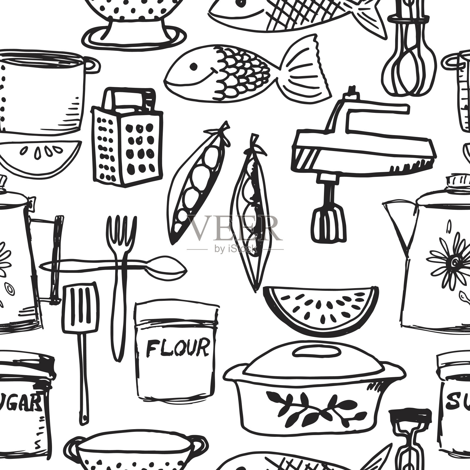手绘复古无缝厨房小玩意图案插画图片素材