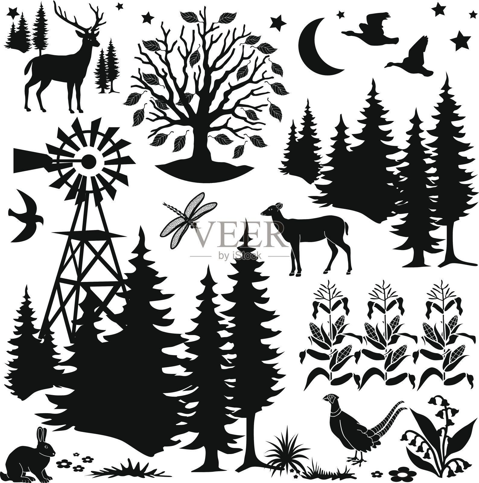 乡村场景设计元素插画图片素材