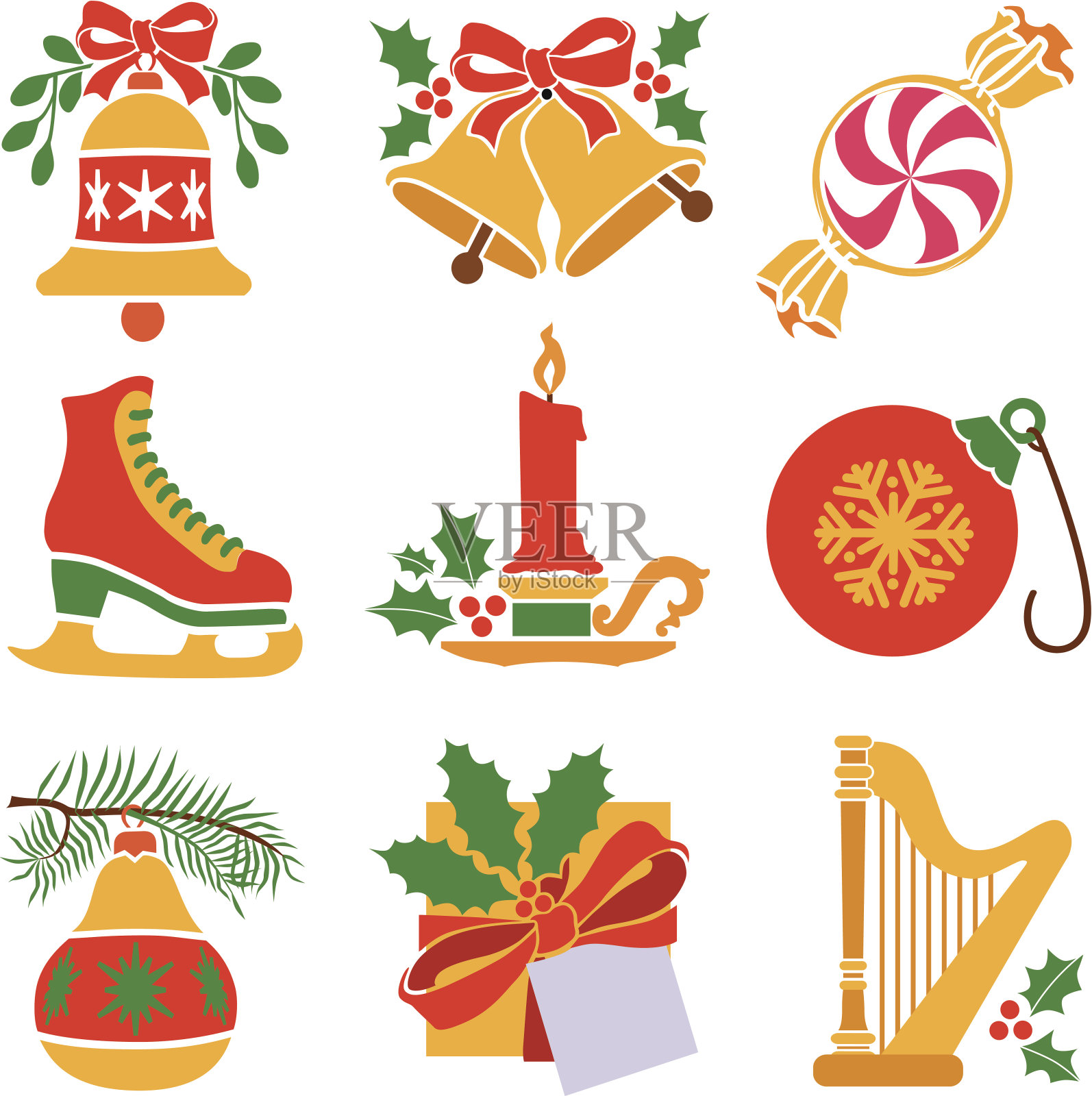 以红色和金色为主题的圣诞图标插画图片素材