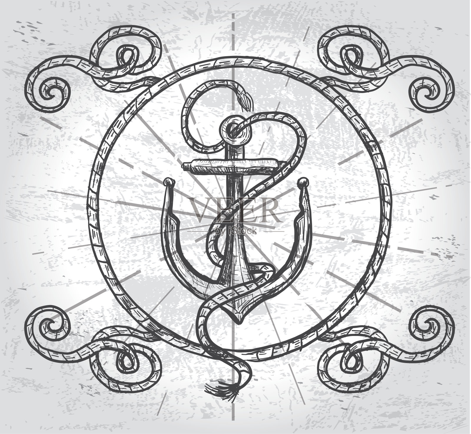 航海主题锚设计与绳子和旗帜插画图片素材