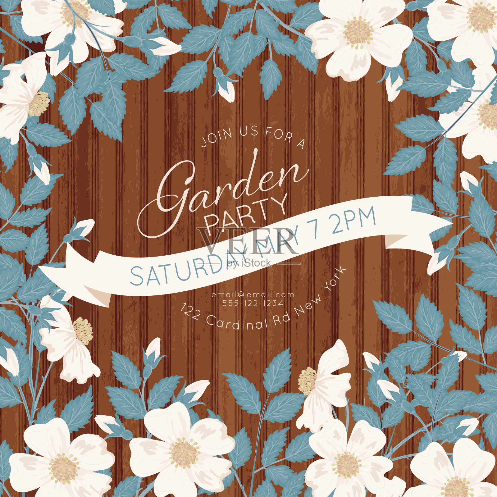 野生玫瑰藤花园派对邀请木材设计模板素材