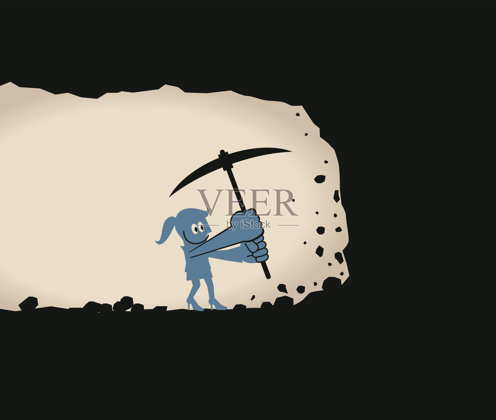 微笑的女商人用镐斧(铁锹)挖掘插画图片素材