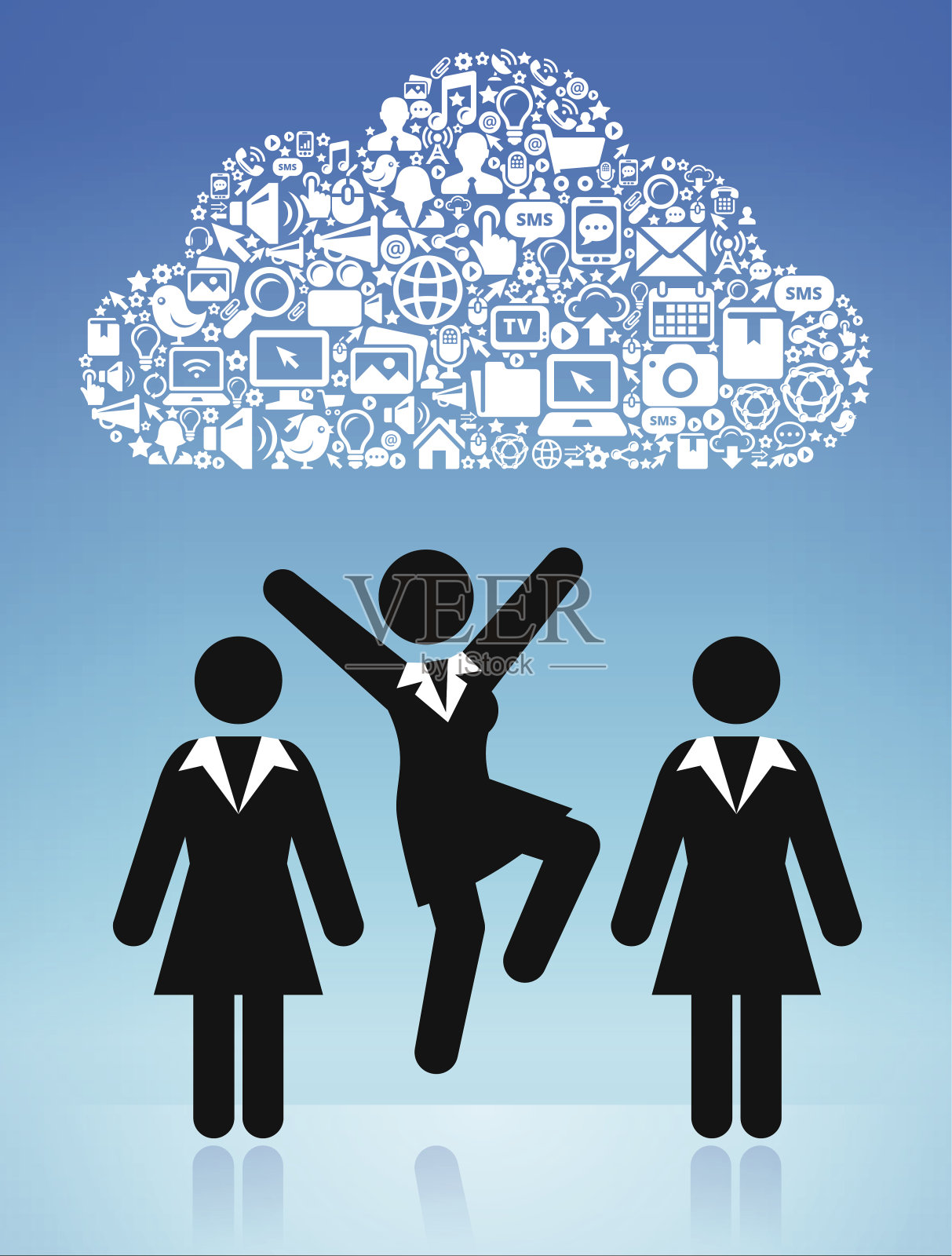 快乐的商业女性在现代技术和通信云插画图片素材