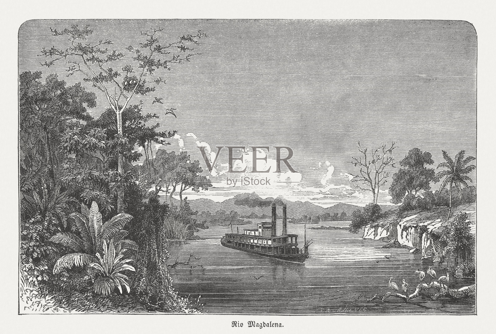哥伦比亚Magdalena河上的蒸汽船，出版于1873年插画图片素材