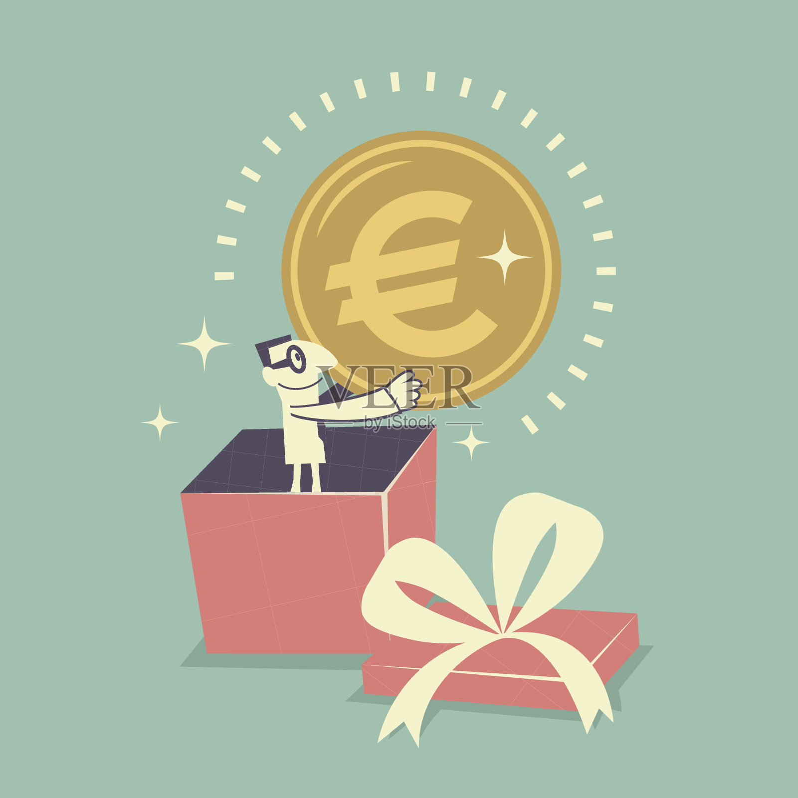 商人站在礼品盒内，手里拿着欧元标志币插画图片素材