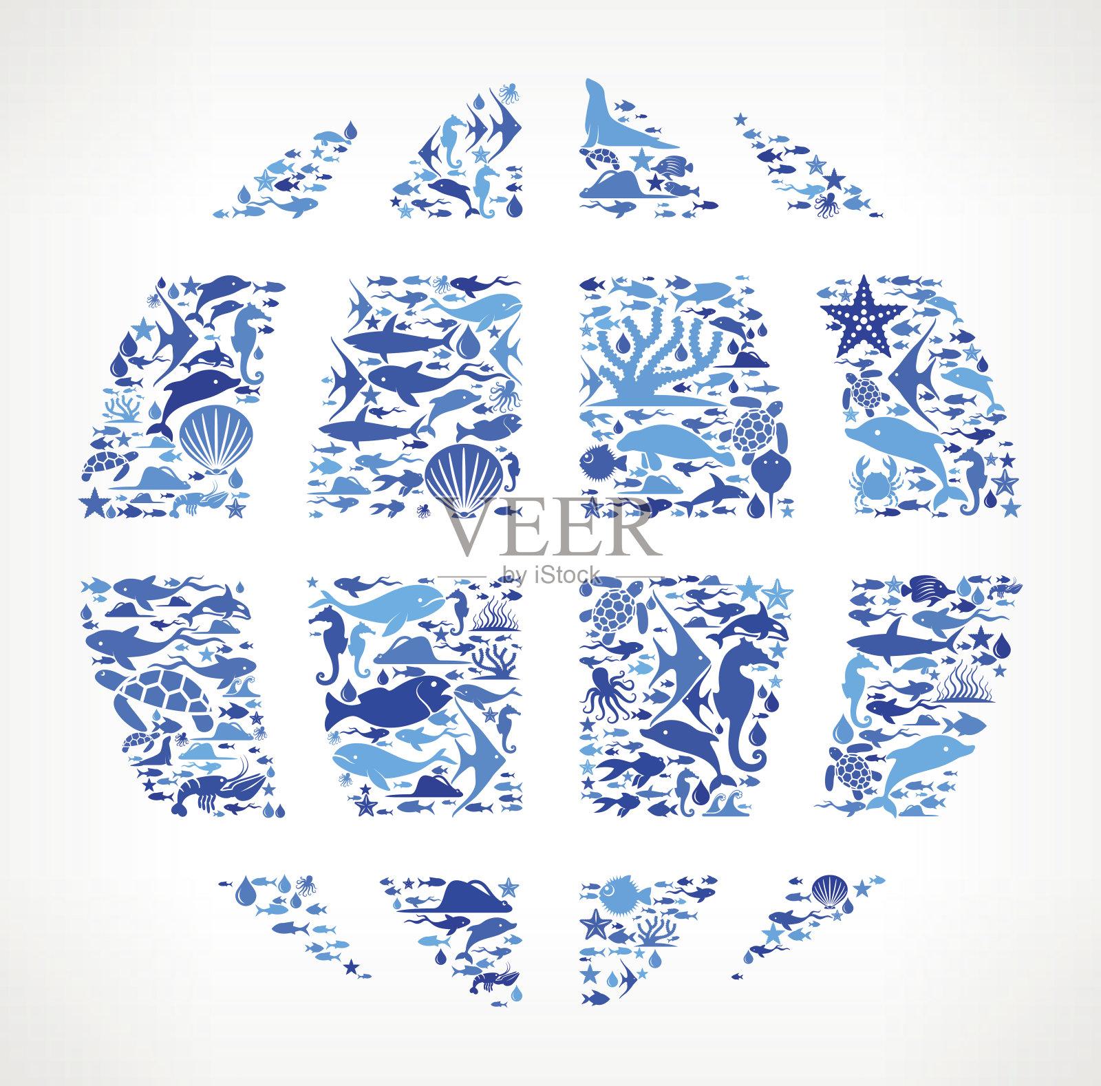 地球海洋和海洋生物蓝色图标模式插画图片素材