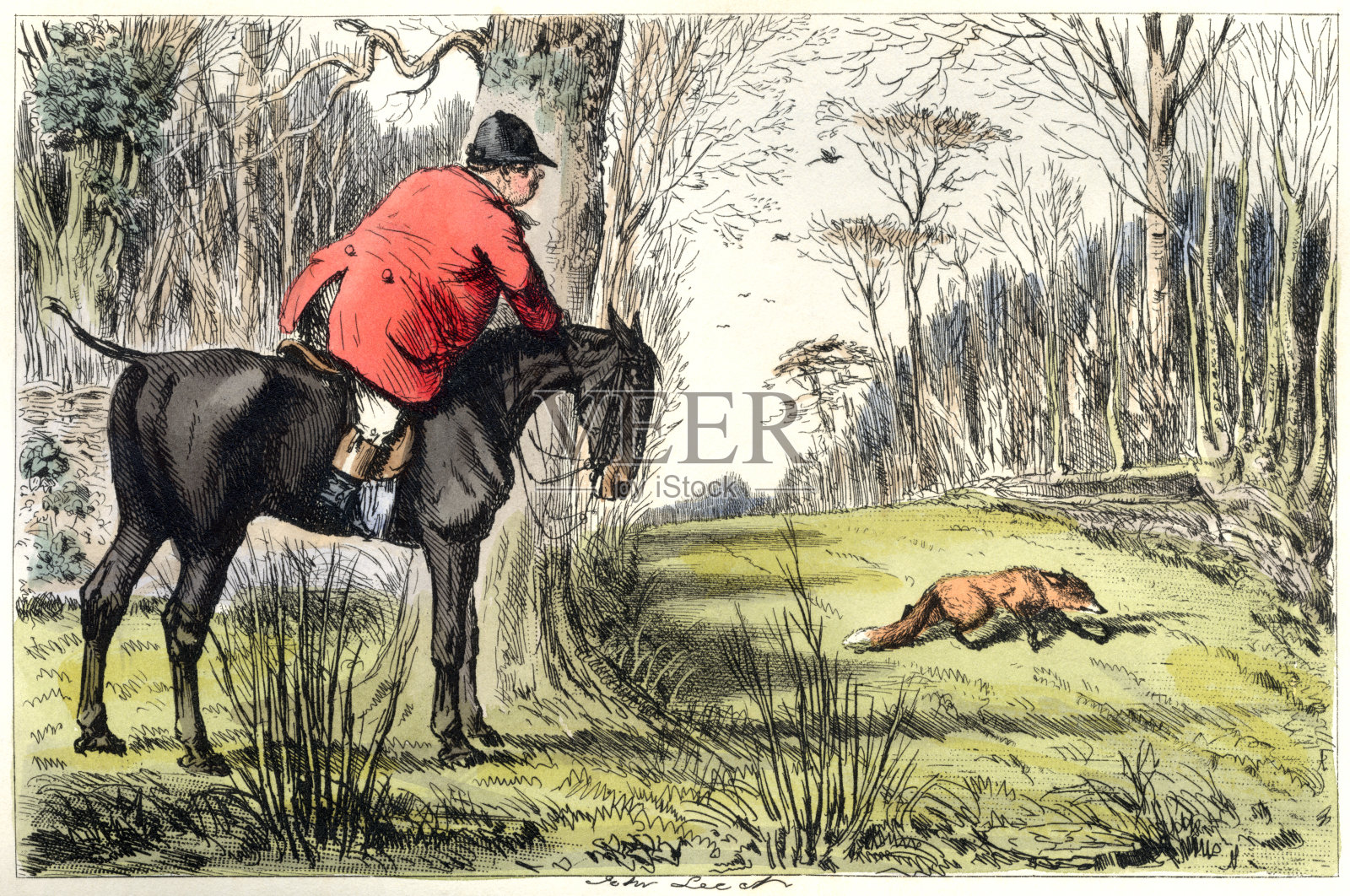 孤独的猎人跟踪一只狐狸插画图片素材