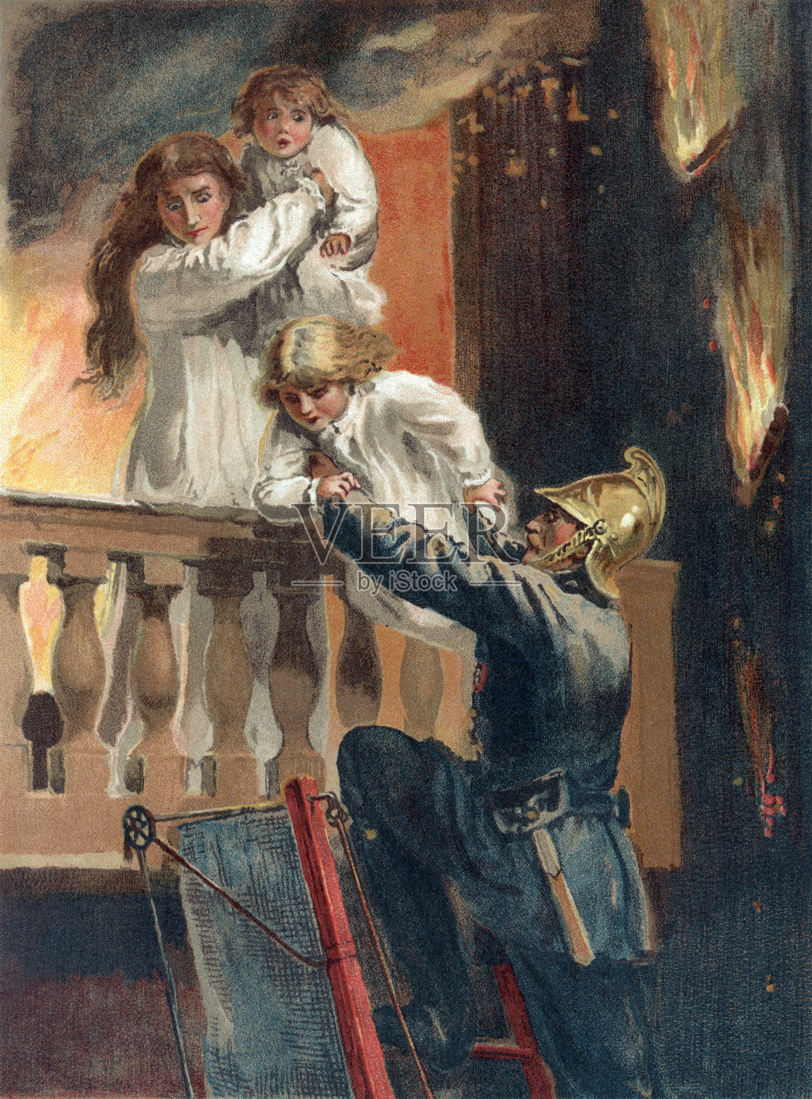 维多利亚时代的消防员从火灾中救出母亲和孩子们插画图片素材