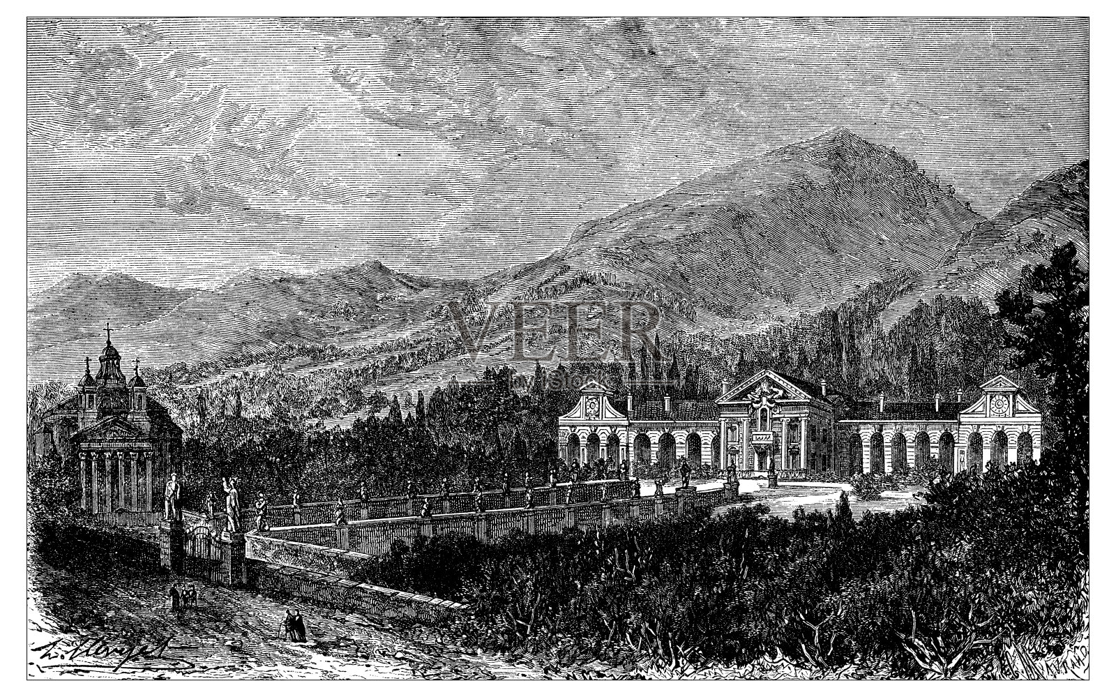 帕拉第安巴巴罗别墅古董插图(马泽，威尼托，意大利)插画图片素材