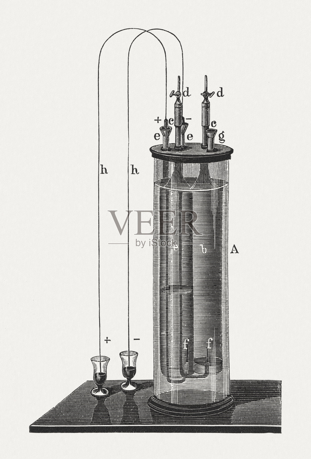 电解水，木刻，1880年出版插画图片素材