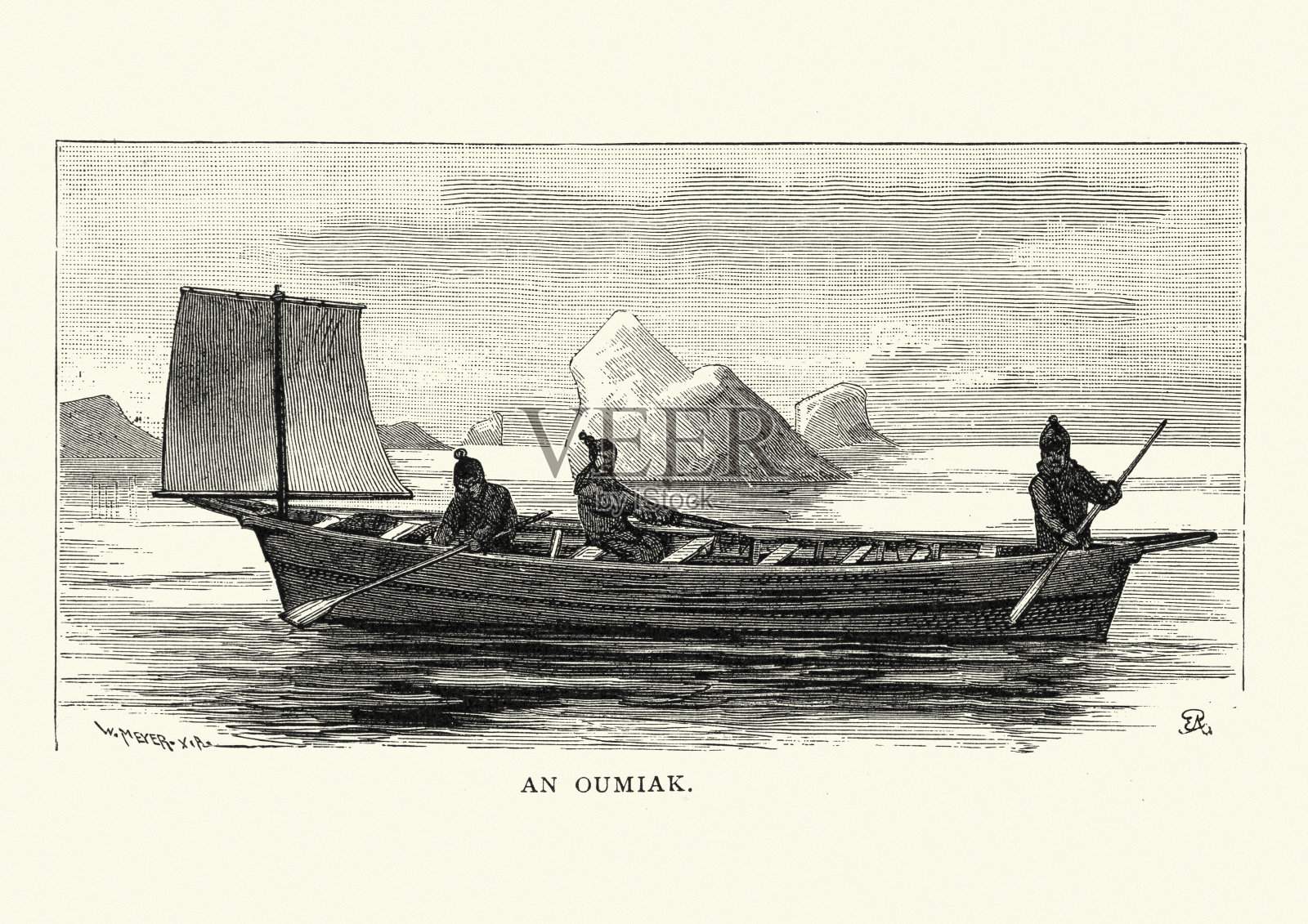 因纽特人，乌米亚克或奥米亚克，19世纪插画图片素材