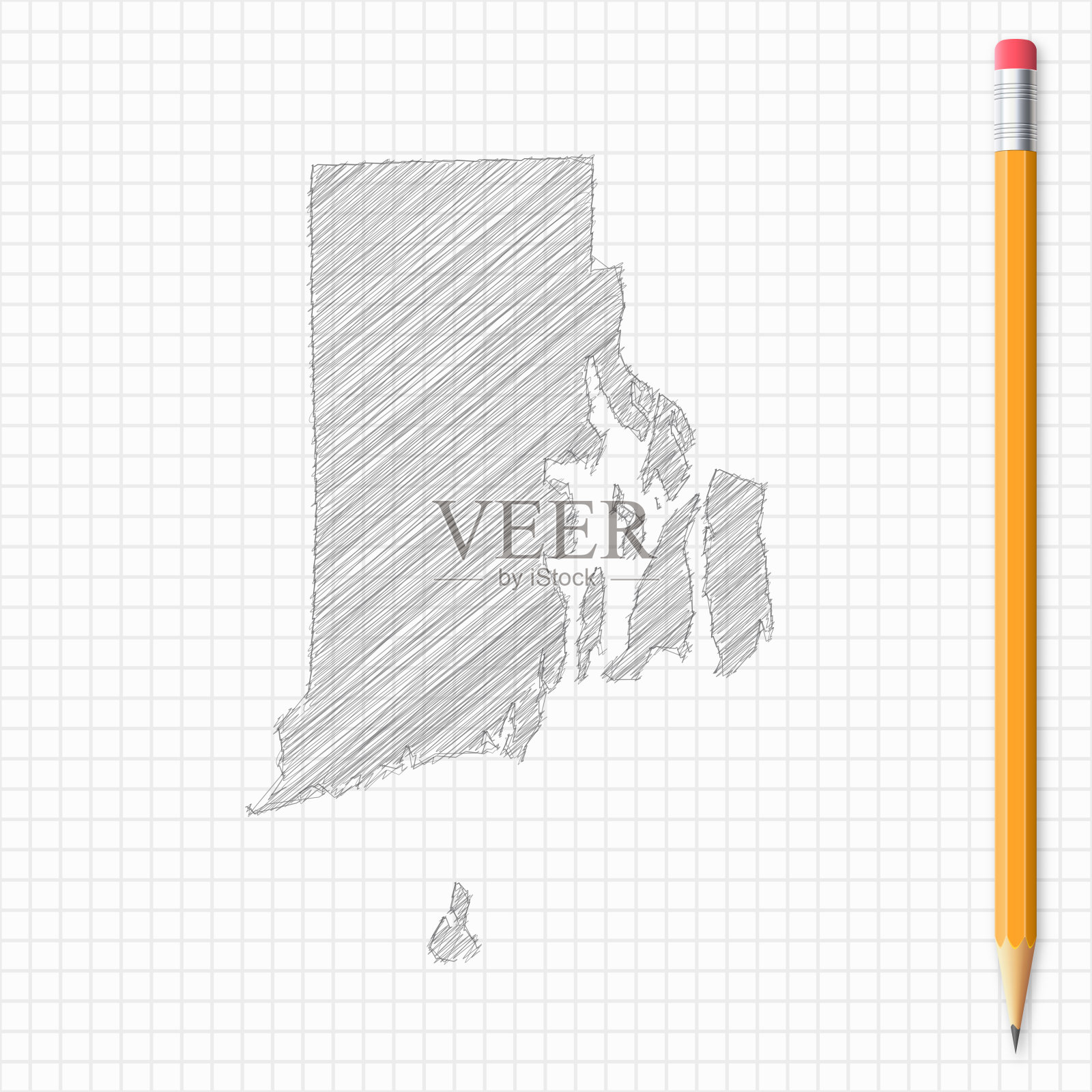 罗得岛州地图素描与铅笔在网格纸上插画图片素材
