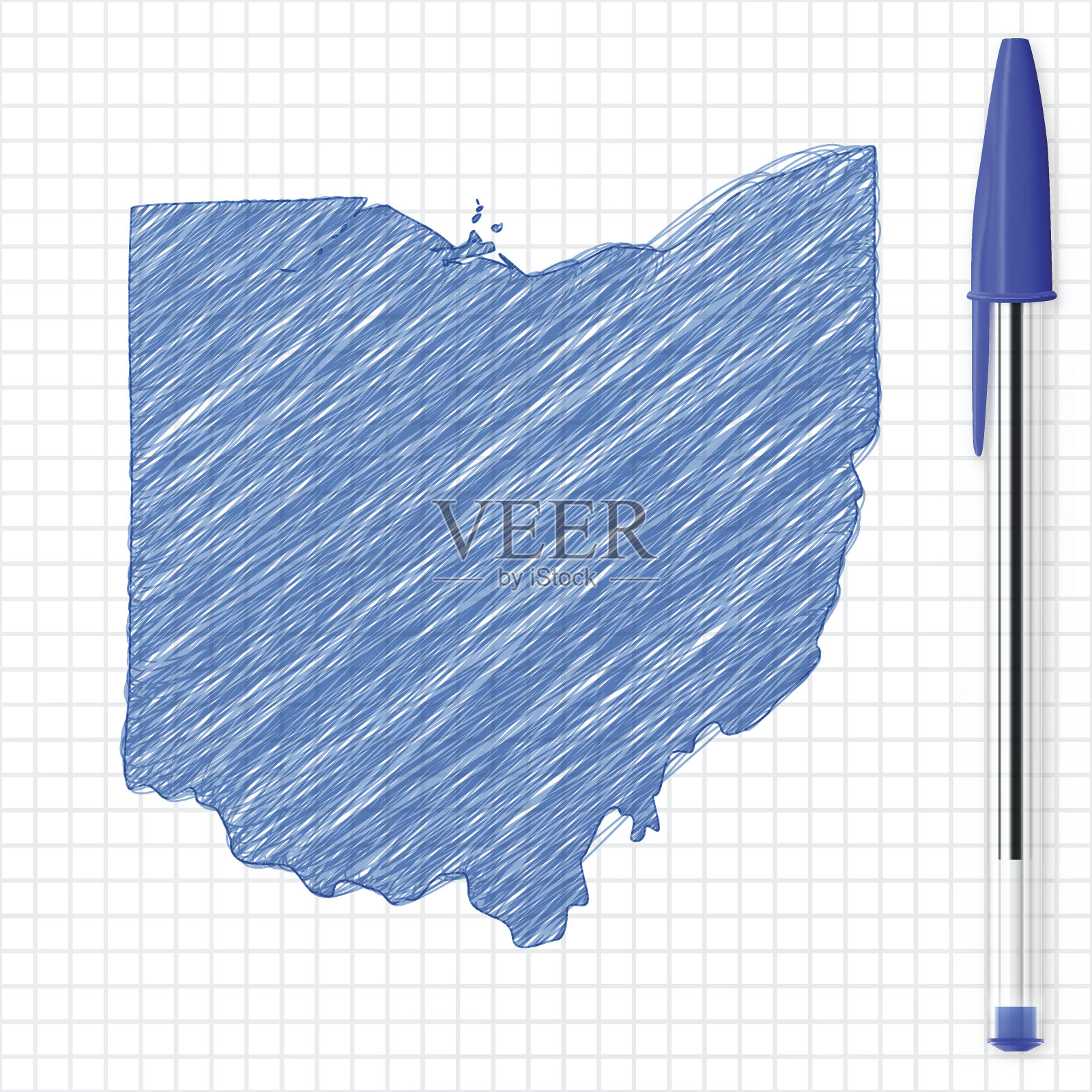 俄亥俄地图草图在格子纸上，蓝色钢笔插画图片素材