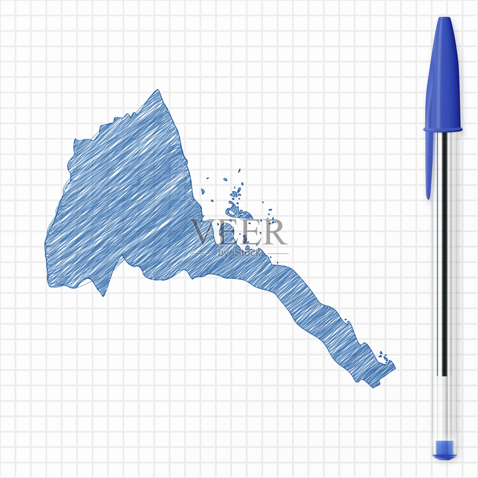 厄立特里亚地图素描在方格纸上，蓝笔插画图片素材