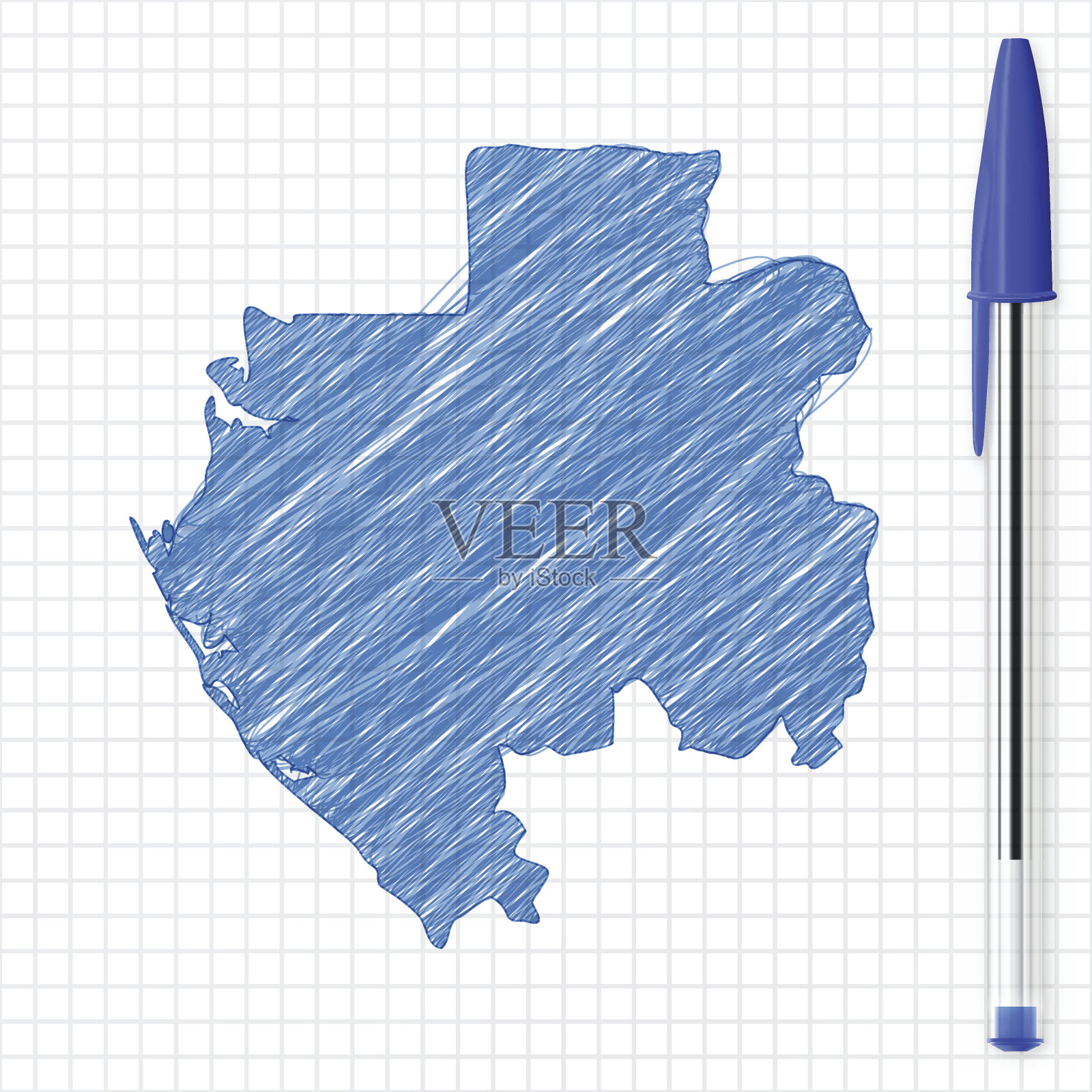 加蓬地图速写在方格纸上，蓝笔插画图片素材