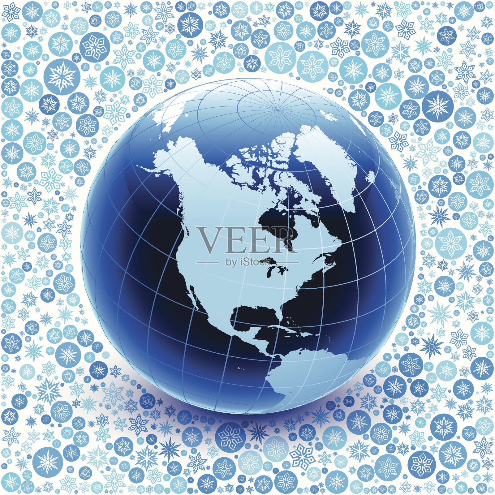 蓝色雪花背景上的地球仪插画图片素材