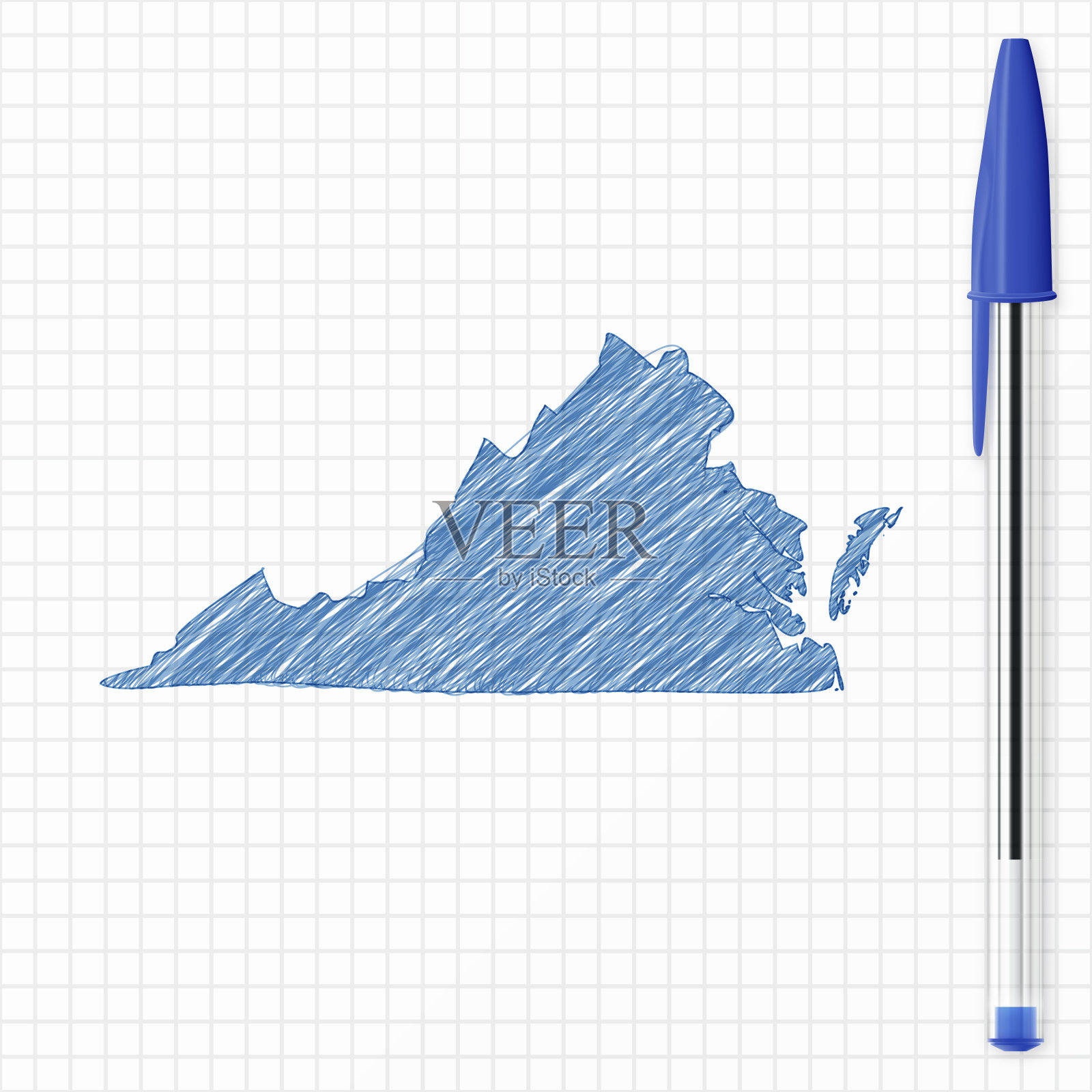 弗吉尼亚地图草图在格子纸上，蓝色的钢笔插画图片素材