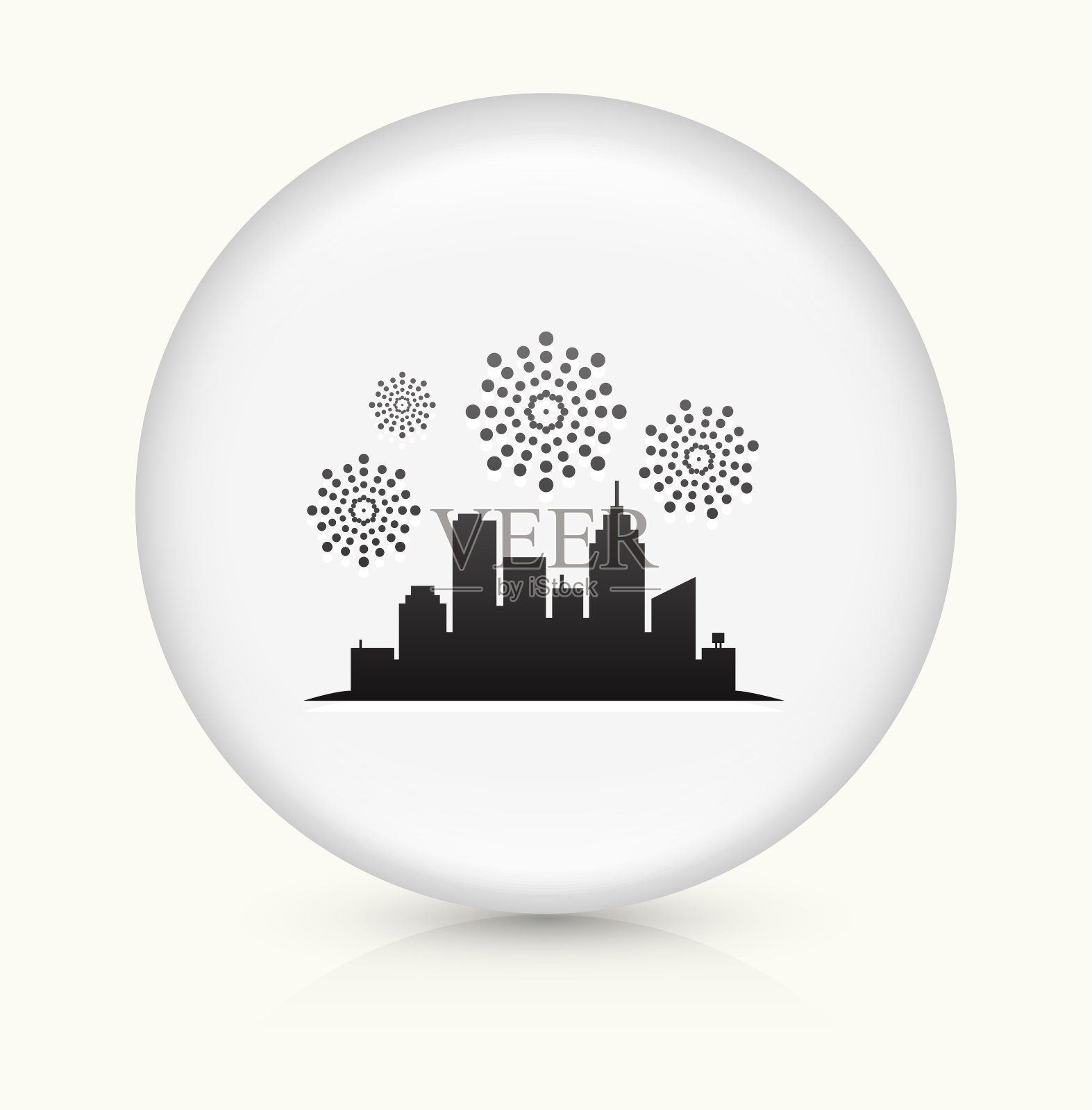 城市视图和烟花图标上的白色圆形矢量按钮插画图片素材