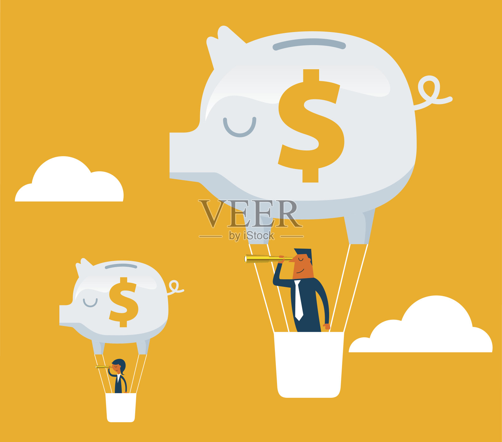 业务团队小猪储蓄罐热气球展望插画图片素材