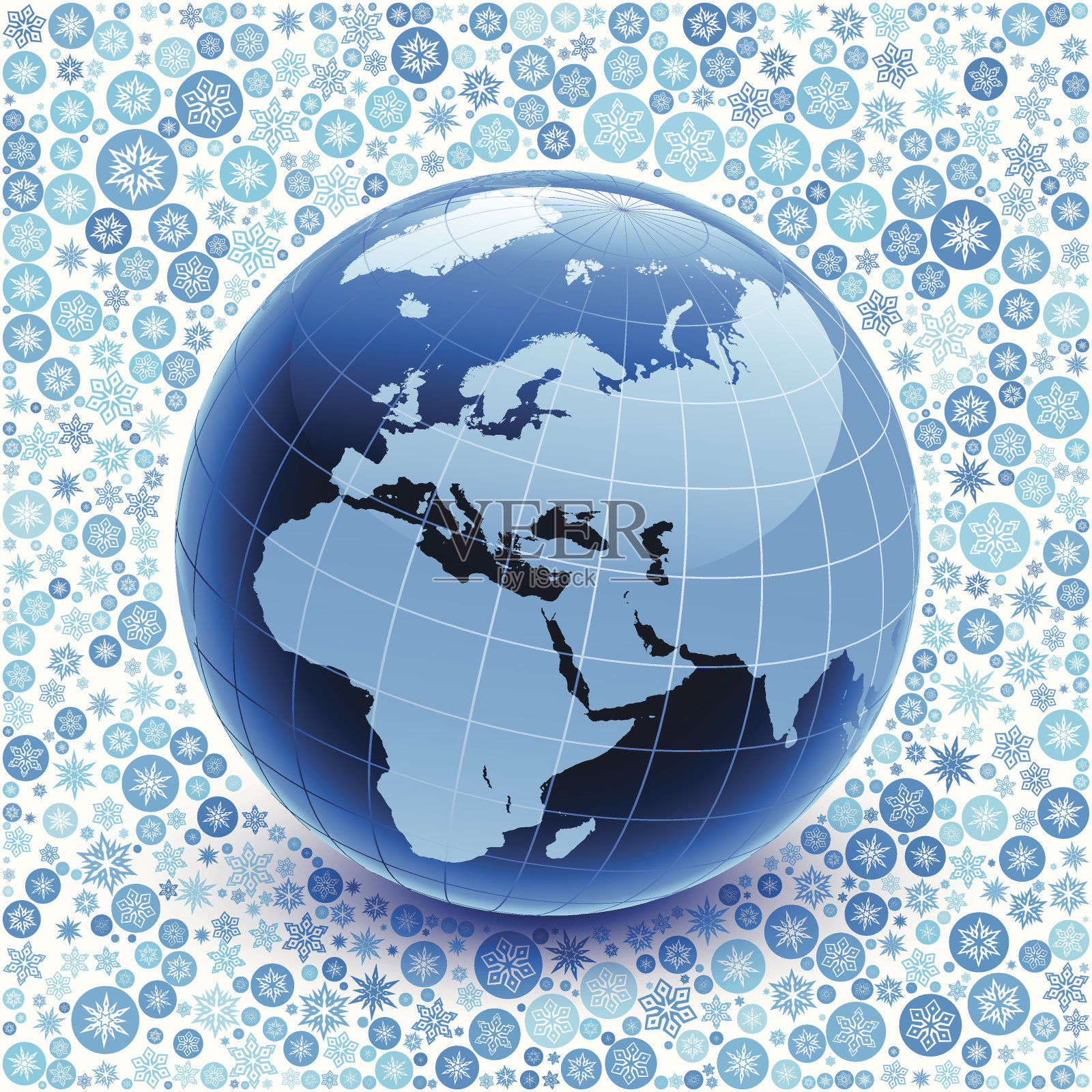 蓝色雪花背景上的地球仪插画图片素材