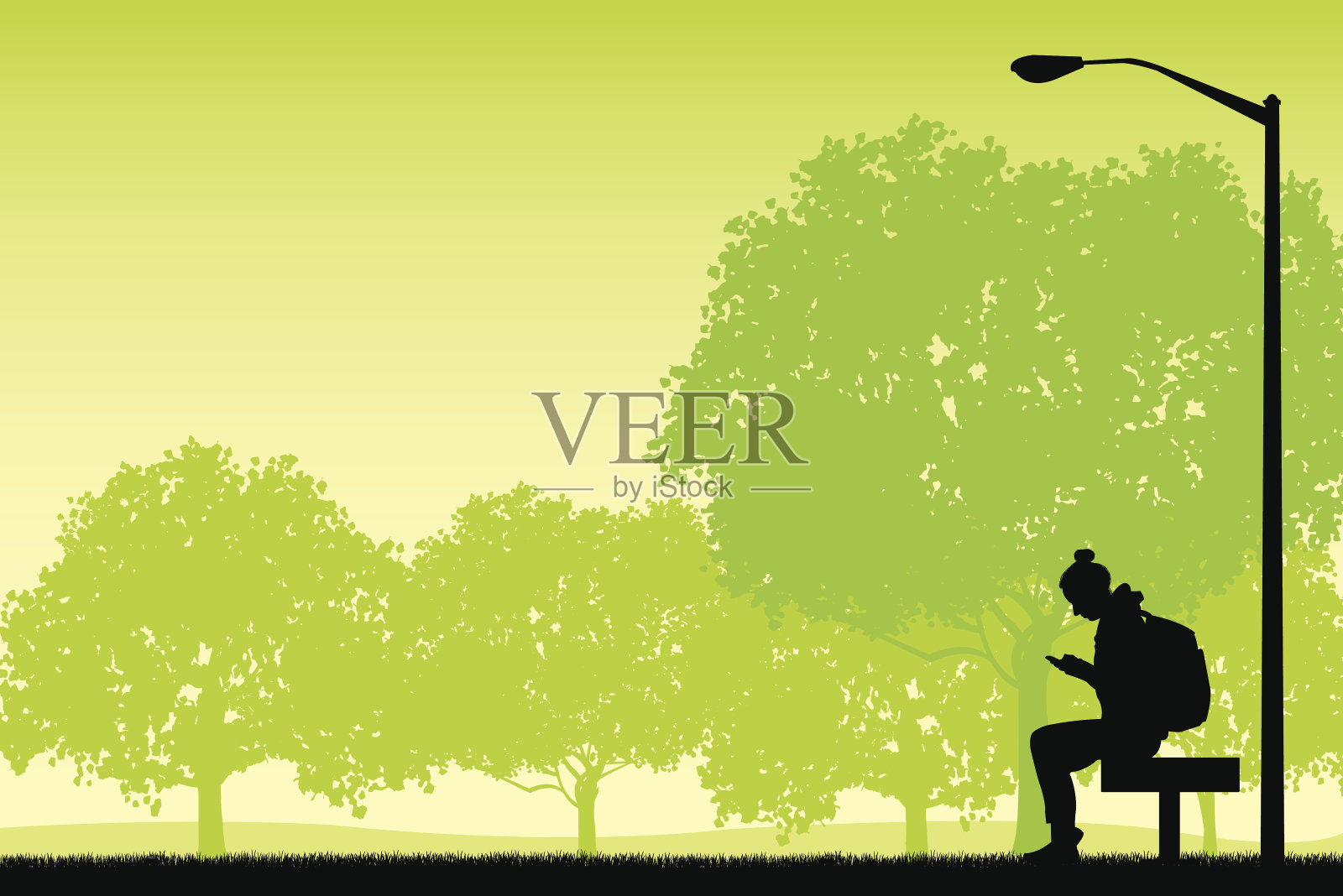 公园长椅上的女性手机用户插画图片素材