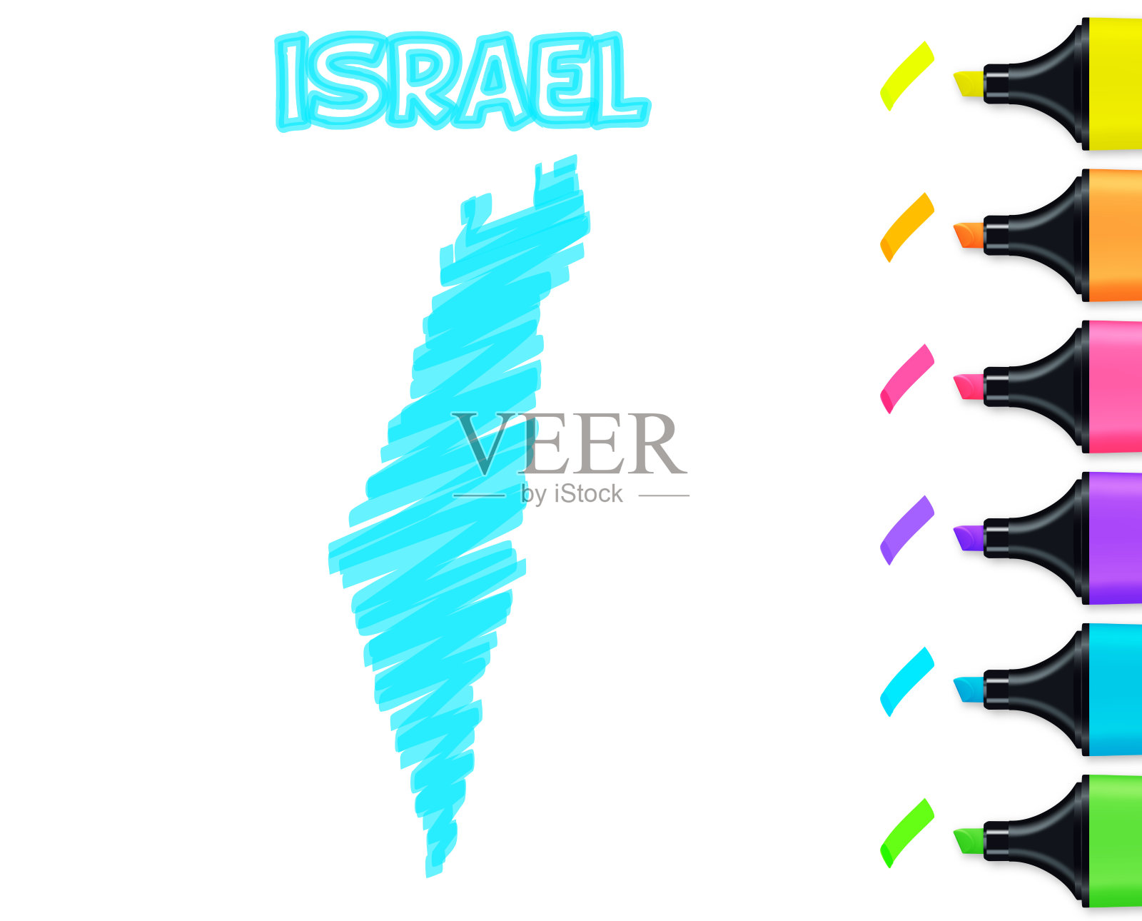 以色列地图手绘在白色背景，蓝色高亮插画图片素材