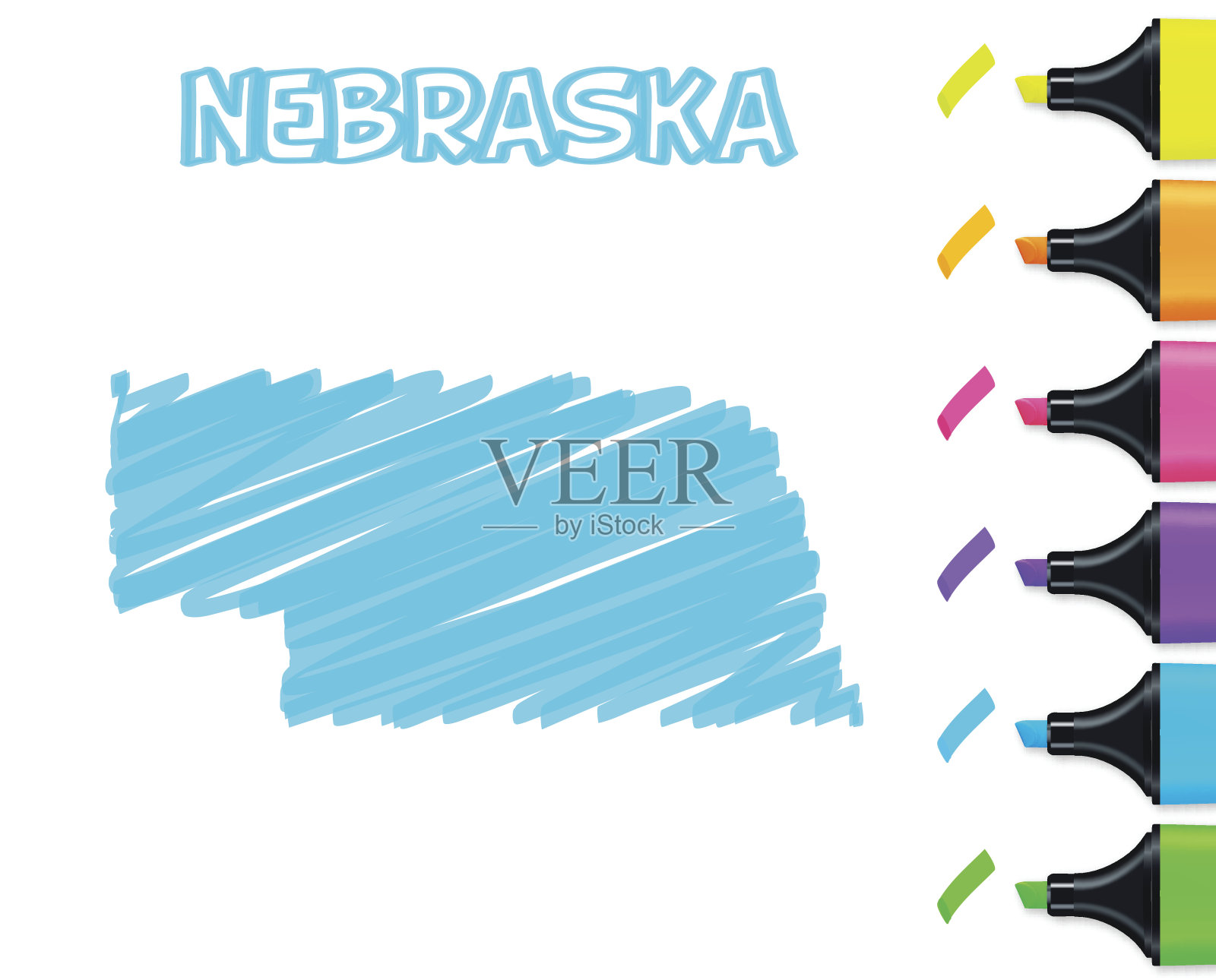 内布拉斯加州地图手绘，白色背景，蓝色荧光笔插画图片素材