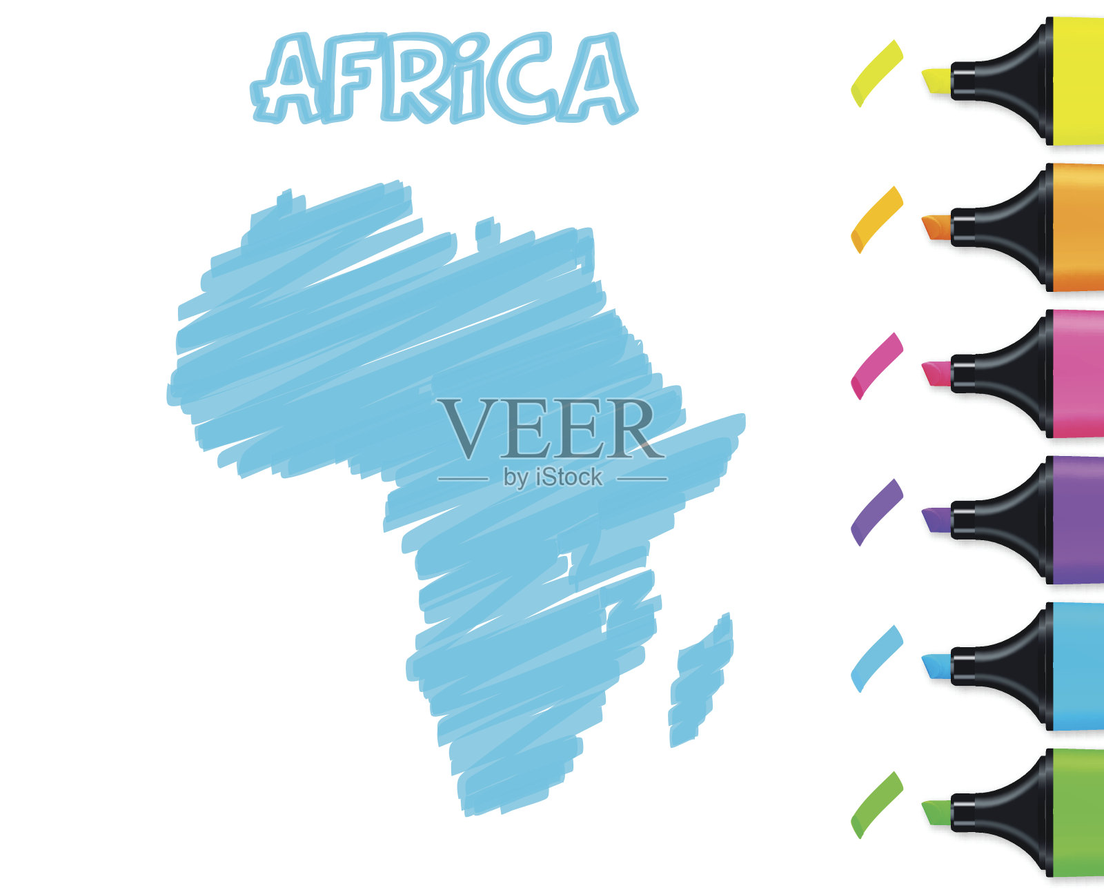 非洲地图手绘，白色背景，蓝色荧光笔插画图片素材