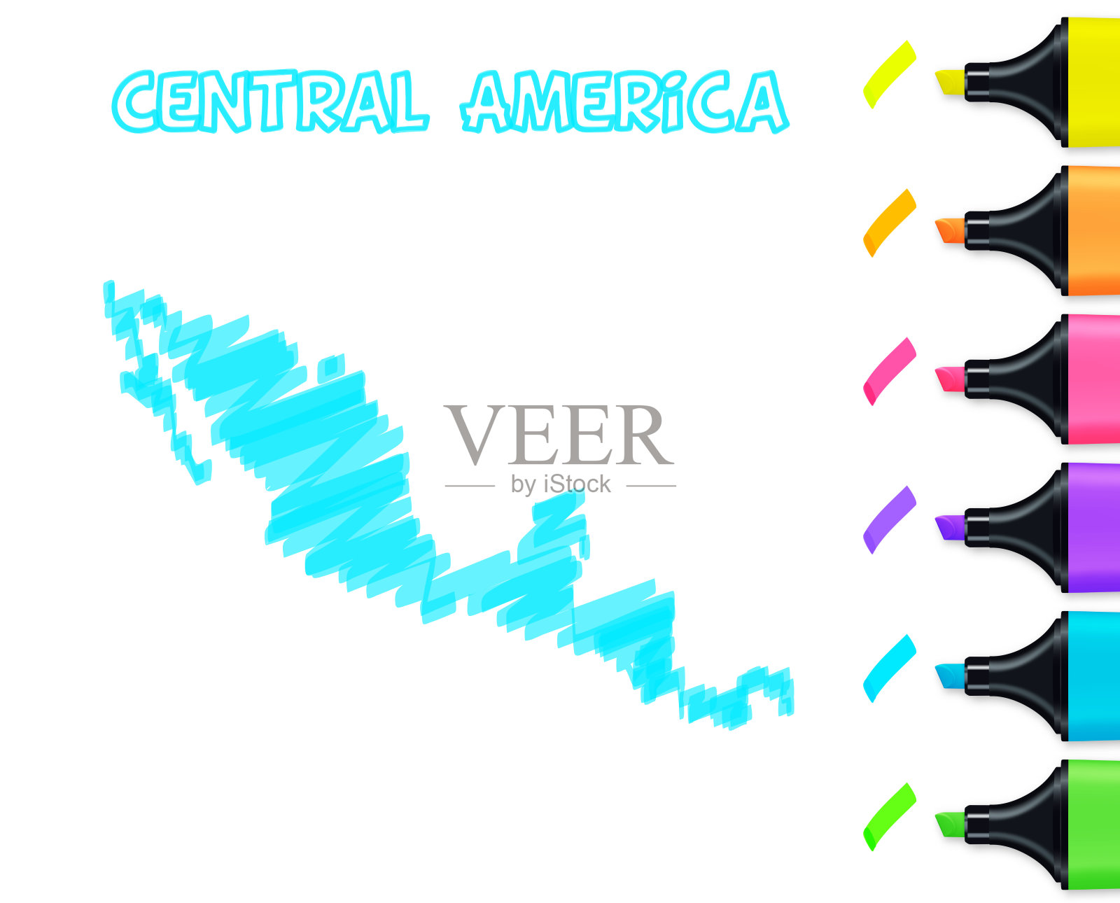 中美洲地图手绘，白色背景，蓝色荧光笔插画图片素材