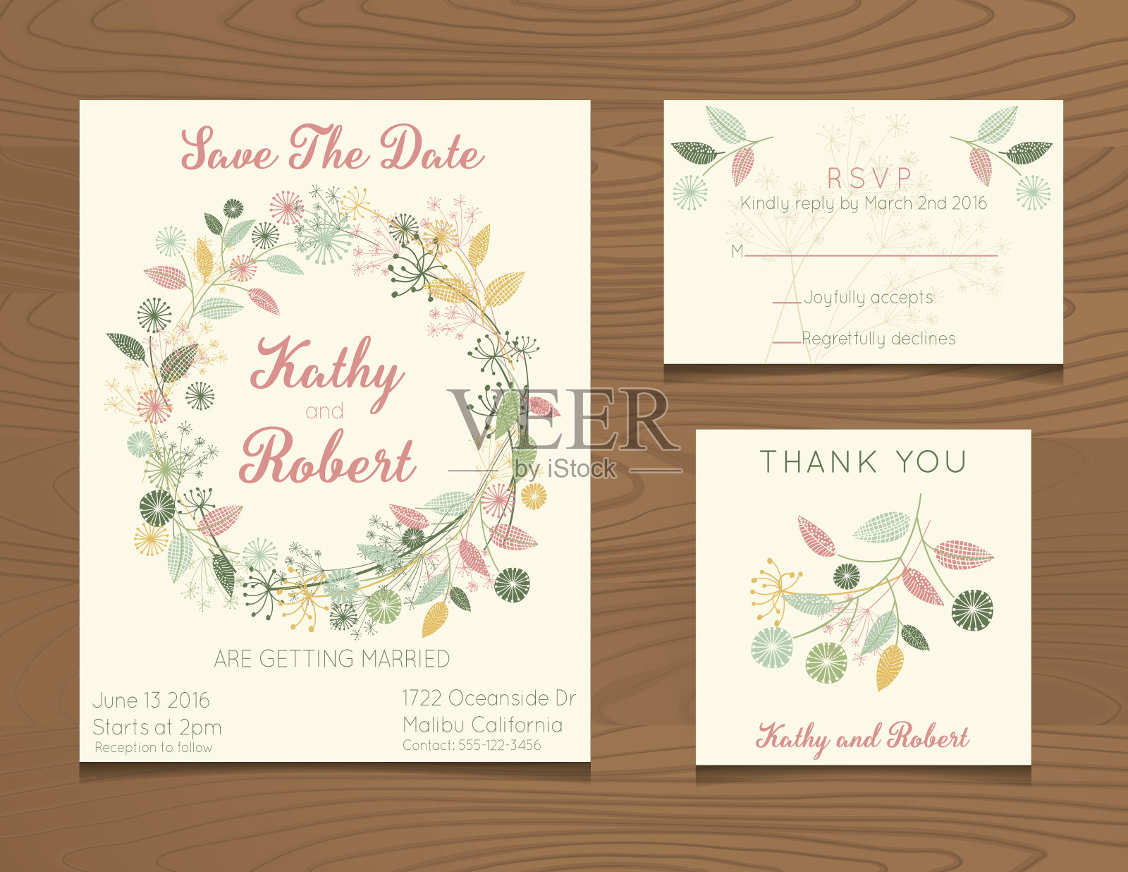 婚礼邀请模板与野花在木材背景设计模板素材