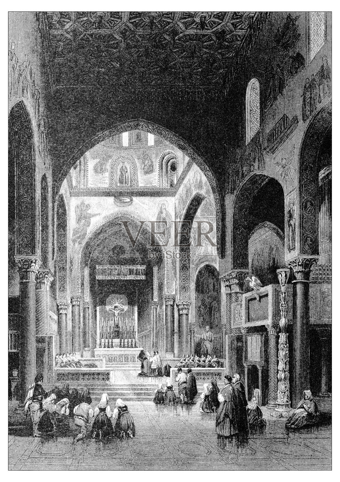 地中海风景古董插图:无伴奏合唱，巴勒莫，西西里岛，意大利插画图片素材