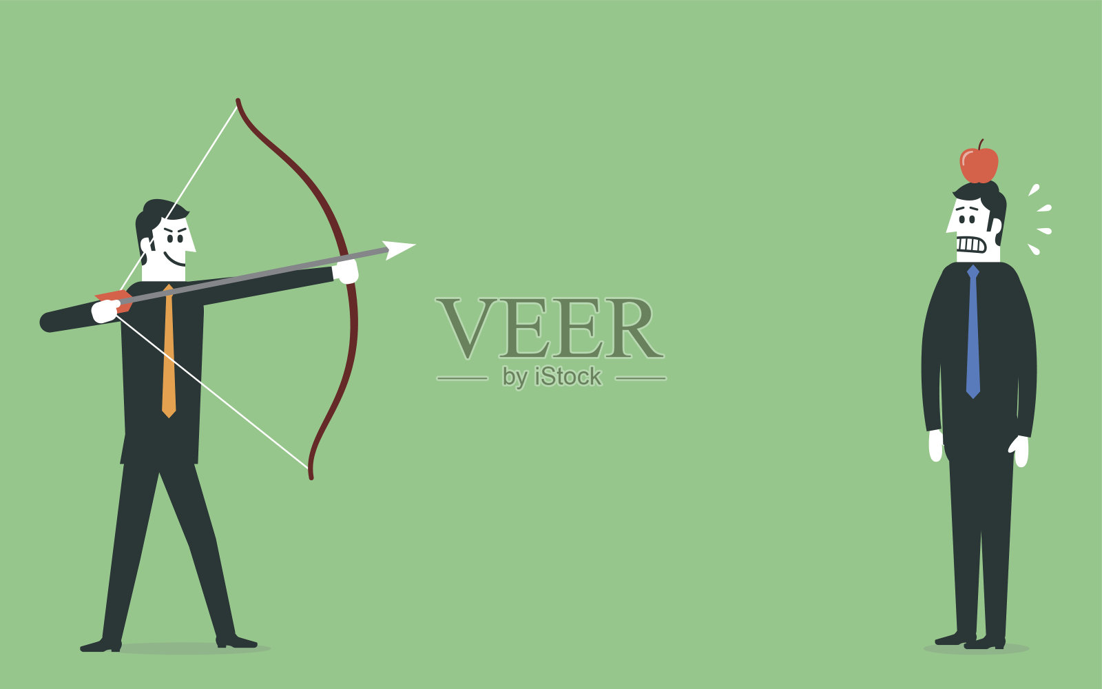 一个人把箭瞄准了他头上的苹果插画图片素材