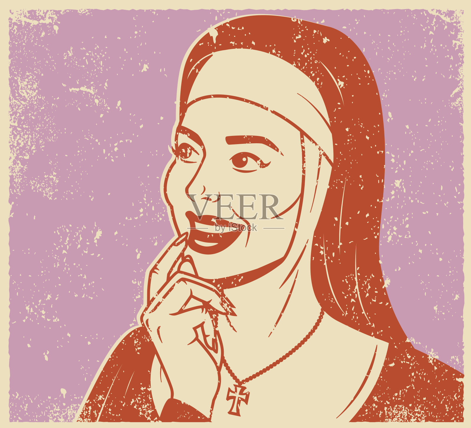 复古丝网印刷一个深思熟虑的修女插画图片素材