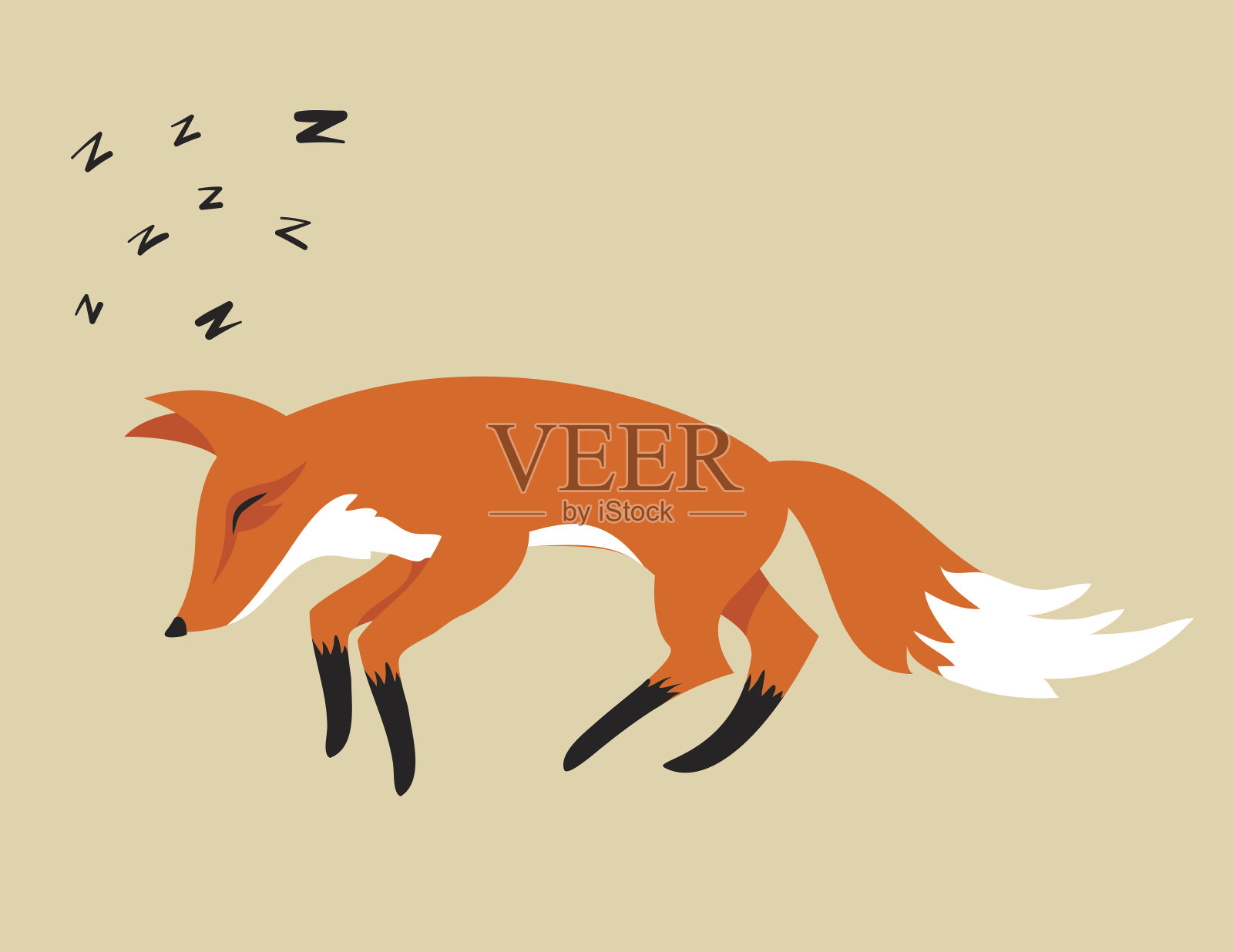 卡通睡眠狐狸孤立在米色背景设计元素图片