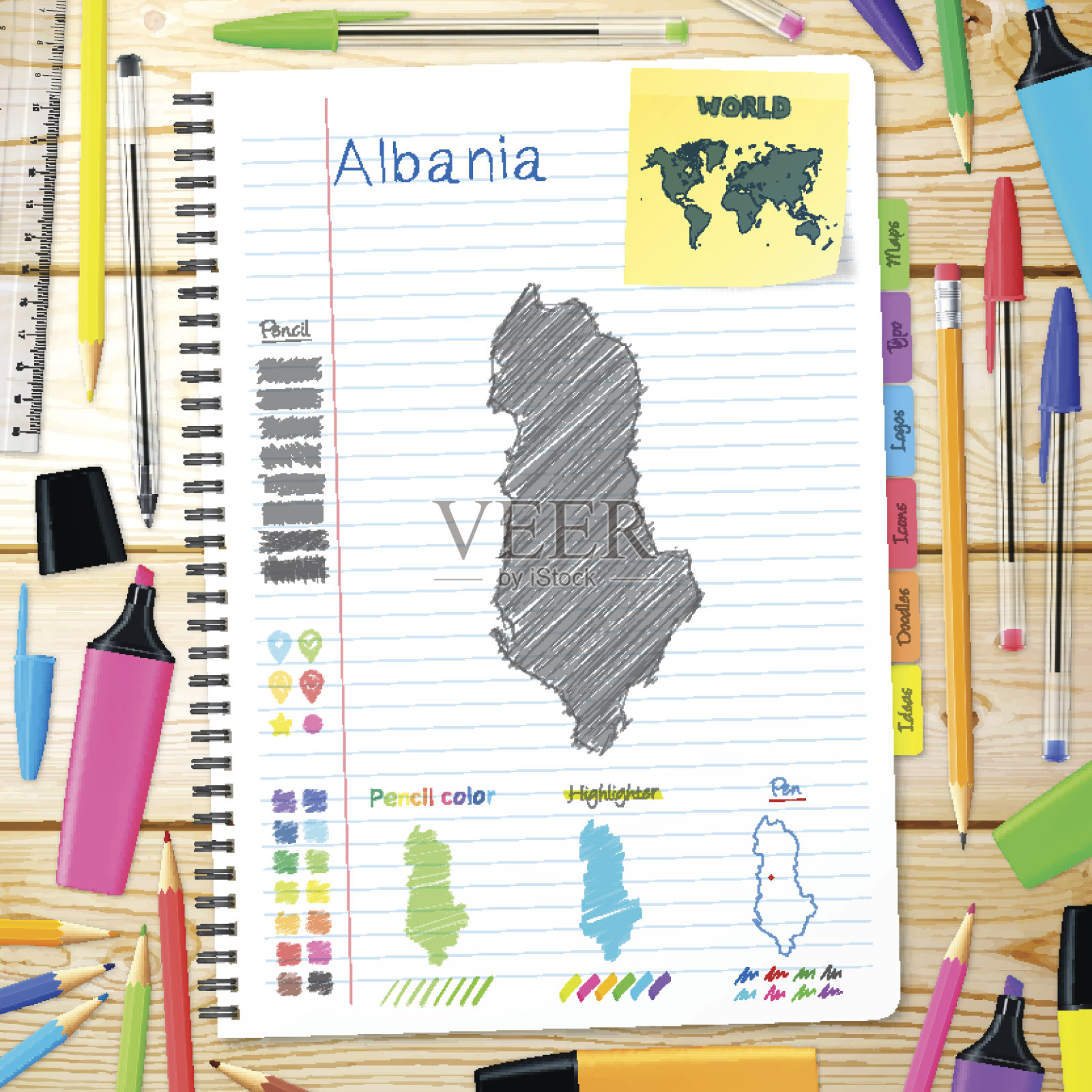 阿尔巴尼亚地图手绘在笔记本上。木制背景插画图片素材