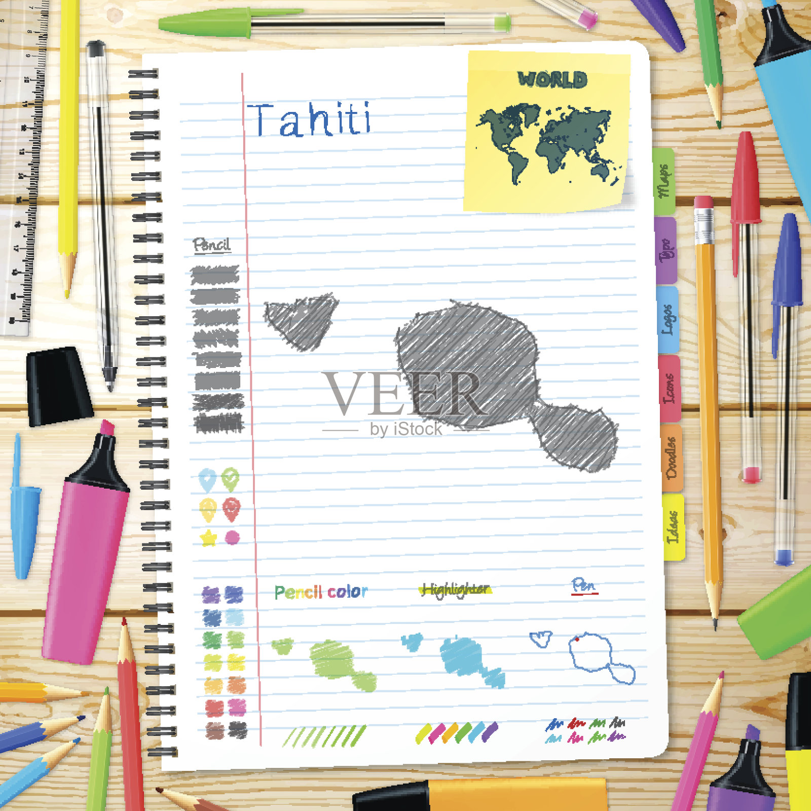 塔希提-波利尼西亚地图手绘在笔记本上。木制背景插画图片素材