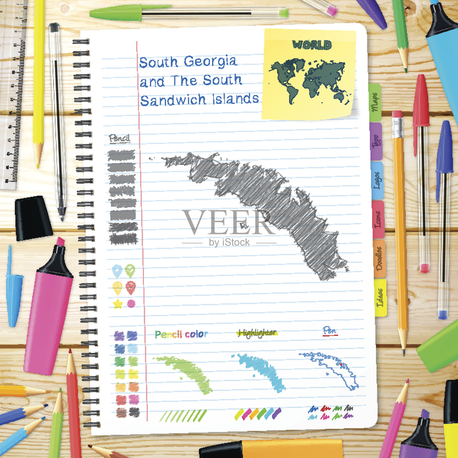 南乔治亚和南桑威奇群岛的地图画在笔记本上。插画图片素材