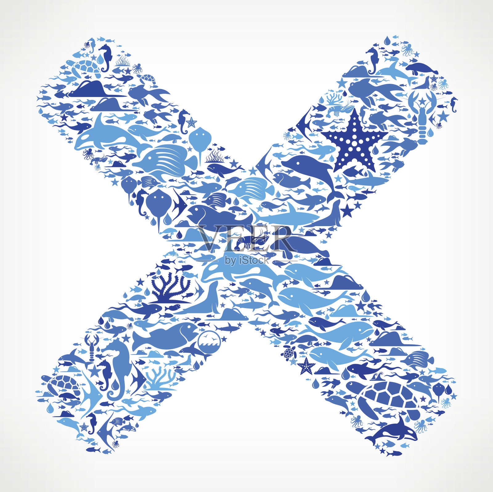 X标记海洋和海洋生物蓝色图标图案插画图片素材