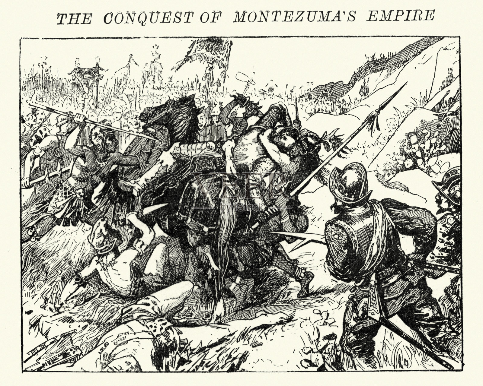 西班牙征服者与阿兹特克勇士的战斗插画图片素材