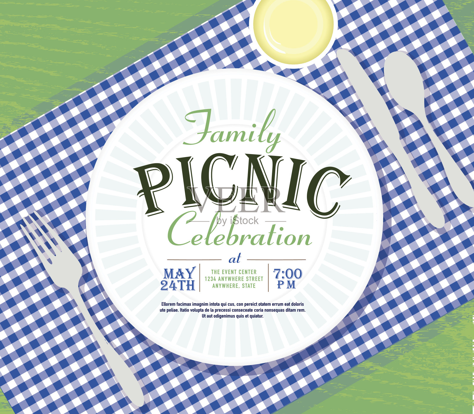 野餐邀请设计模板深蓝色格子桌布设计模板素材