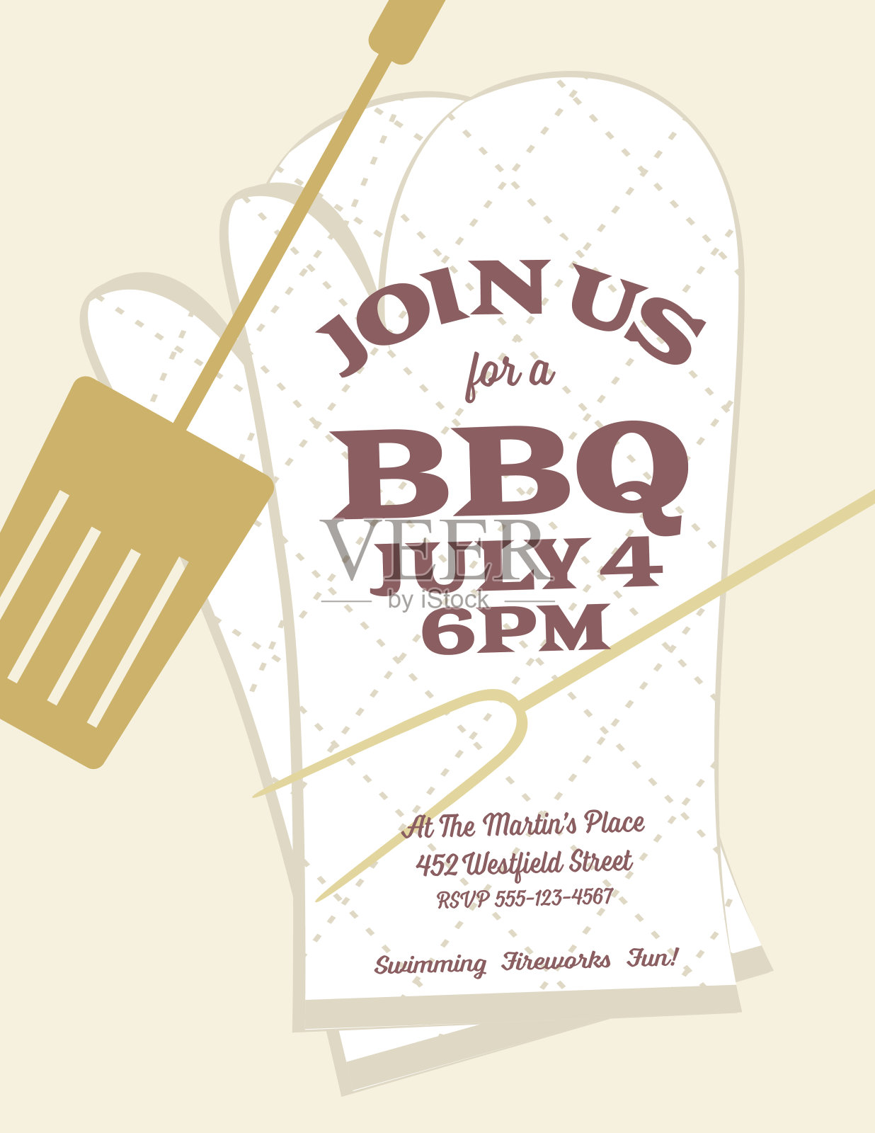 带烤箱手套、刮刀和叉子的烧烤邀请函插画图片素材