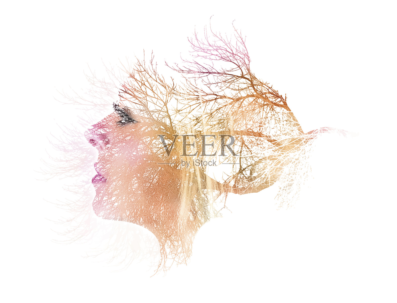 多重曝光，女人和树插画图片素材