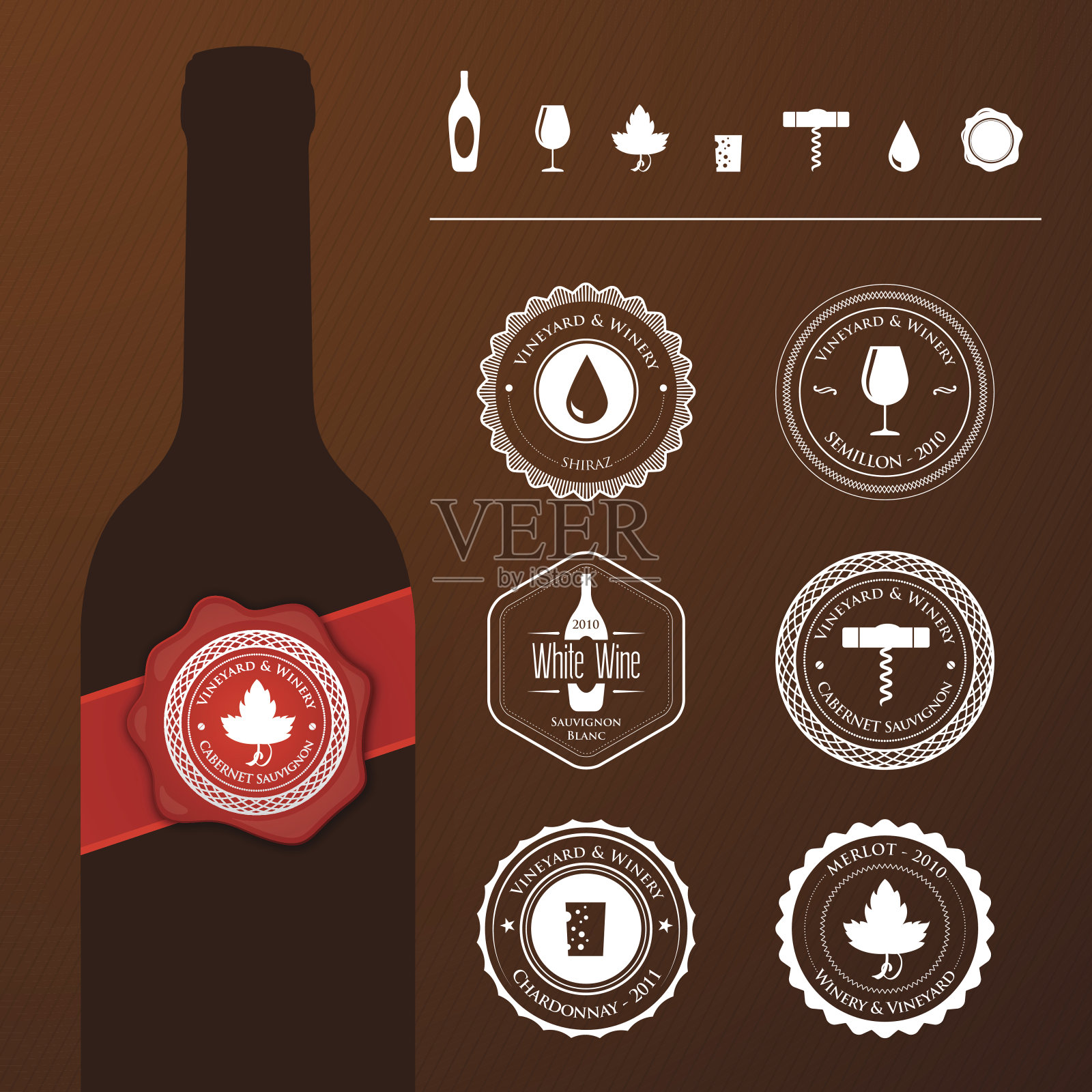 带有邮票和图标的酒瓶插画图片素材