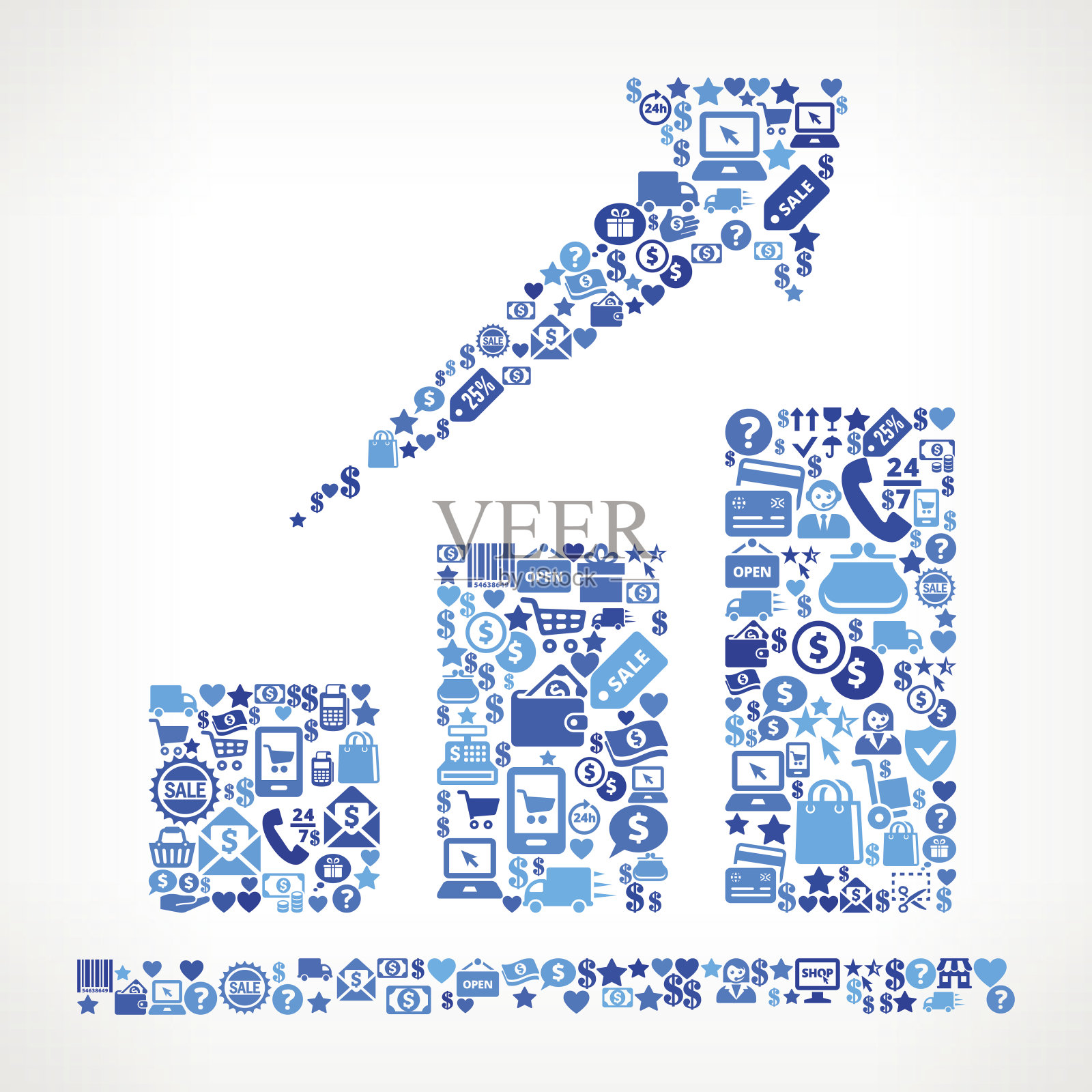 向上图表购物和商业蓝色图标模式插画图片素材