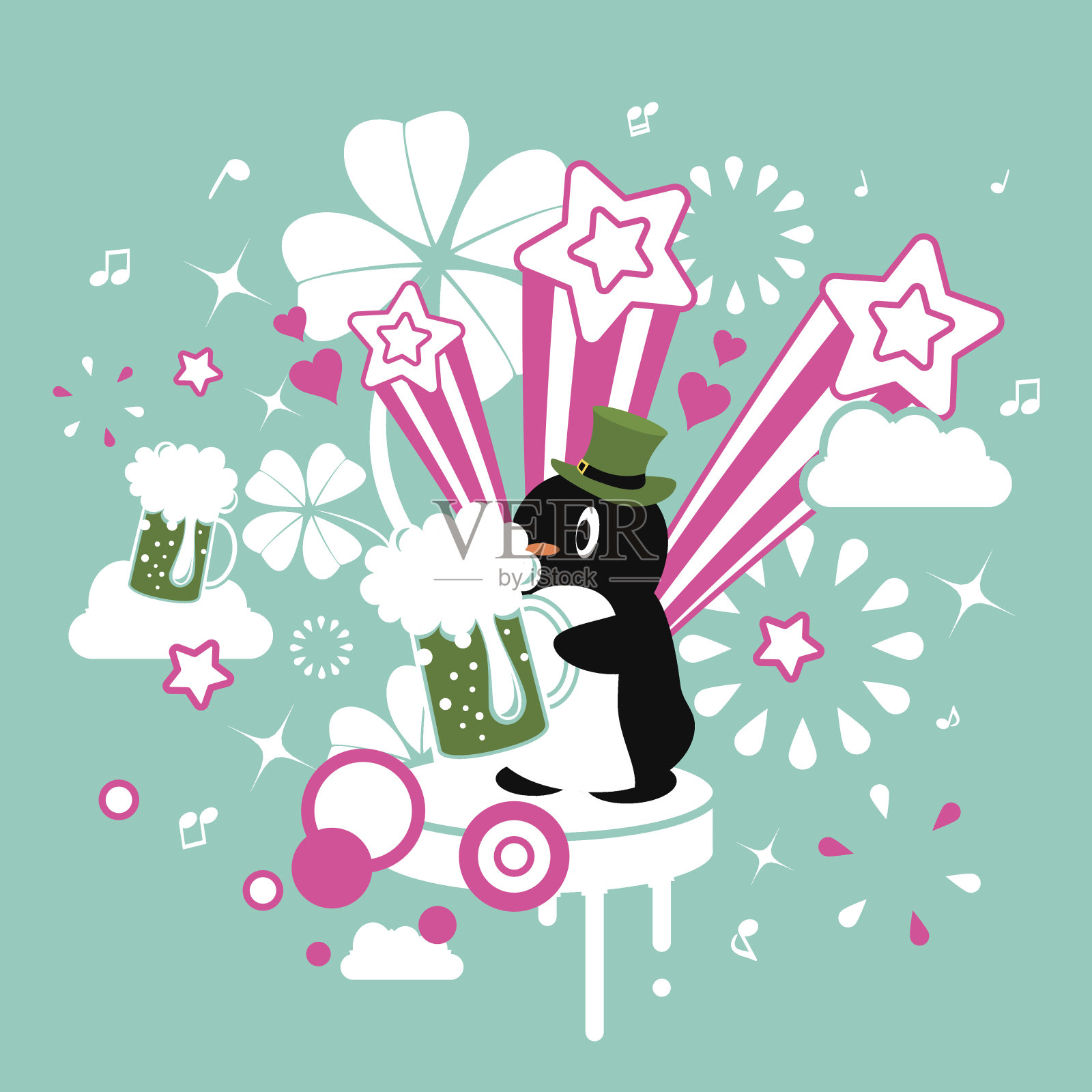 圣帕特里克节，企鹅和啤酒设计元素图片