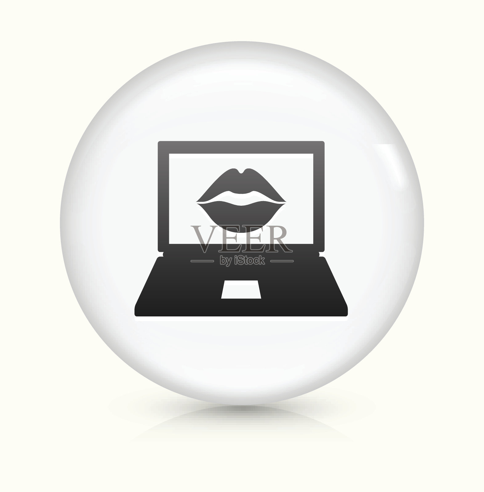 笔记本电脑屏幕和嘴唇图标上的白色圆形矢量按钮图标素材