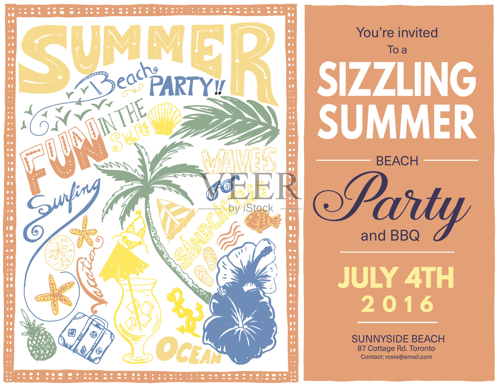 手绘涂鸦夏日海滩派对邀请设计模板素材