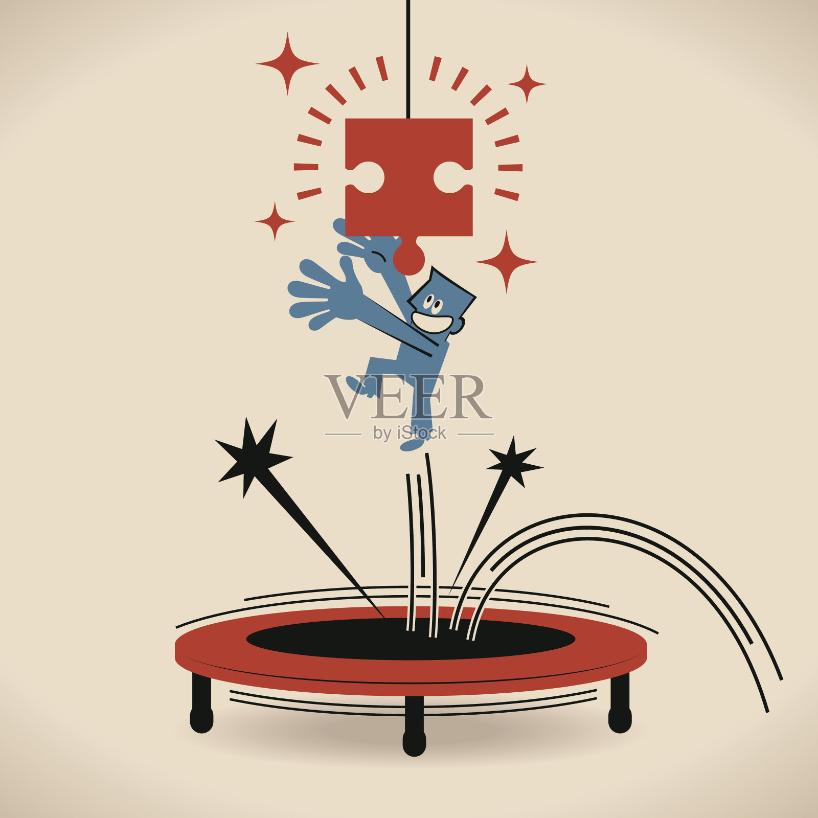 商人在蹦床上蹦蹦跳跳，抓拼图解决方案插画图片素材