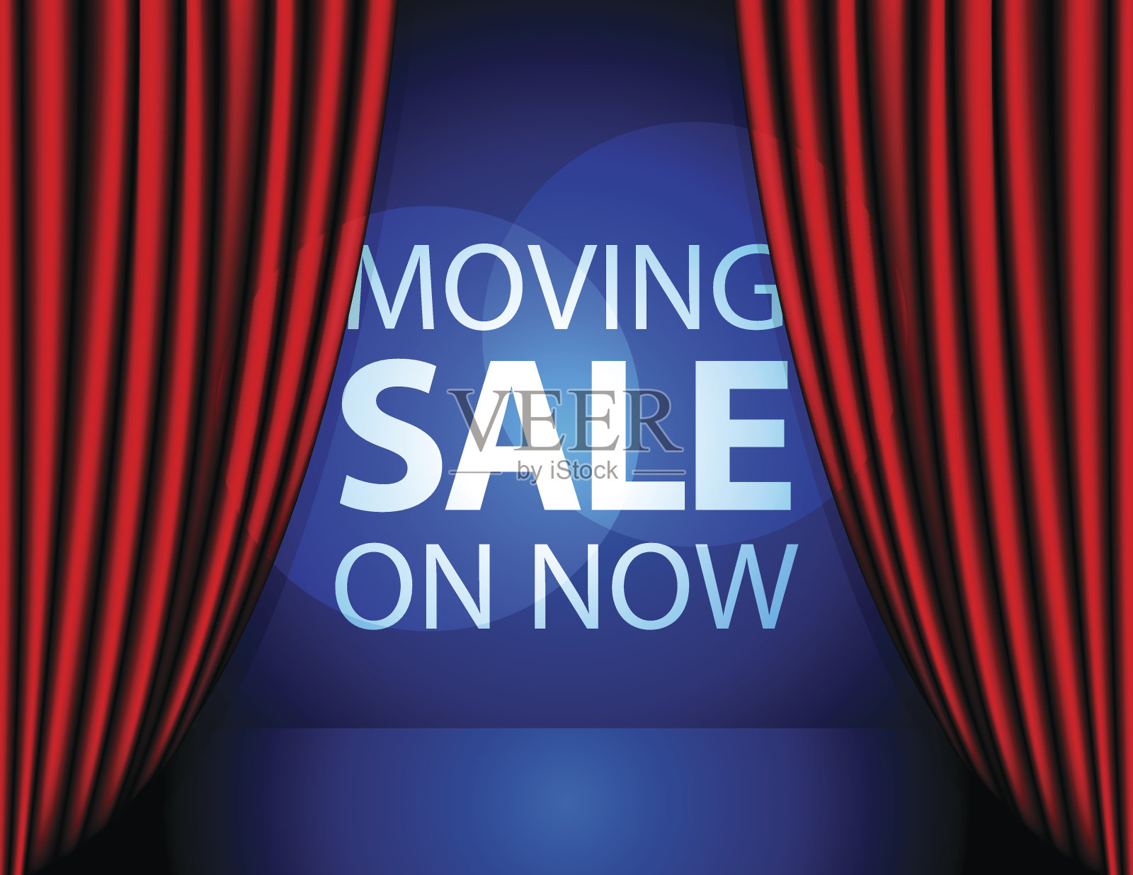 移动Sale On Now信息在舞台上与蓝色窗帘插画图片素材