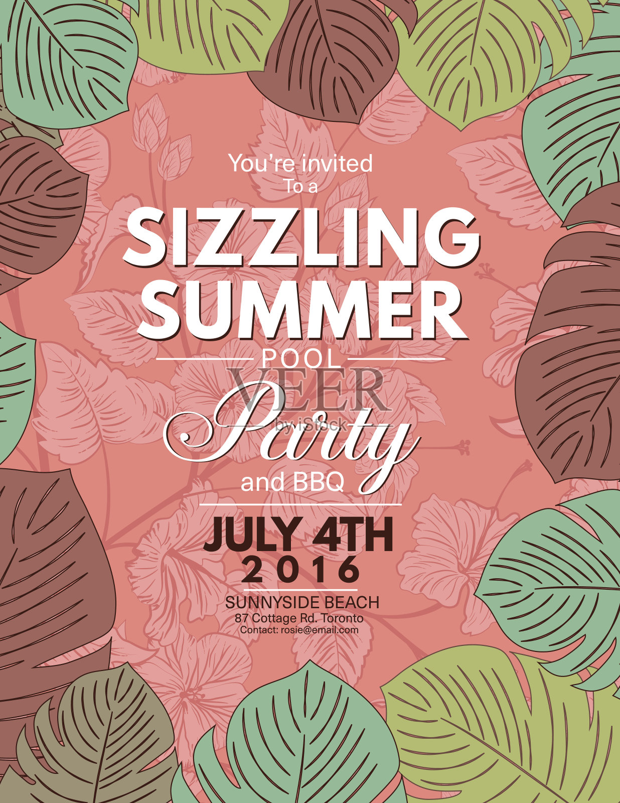 热带叶和木槿邀请设计模板素材